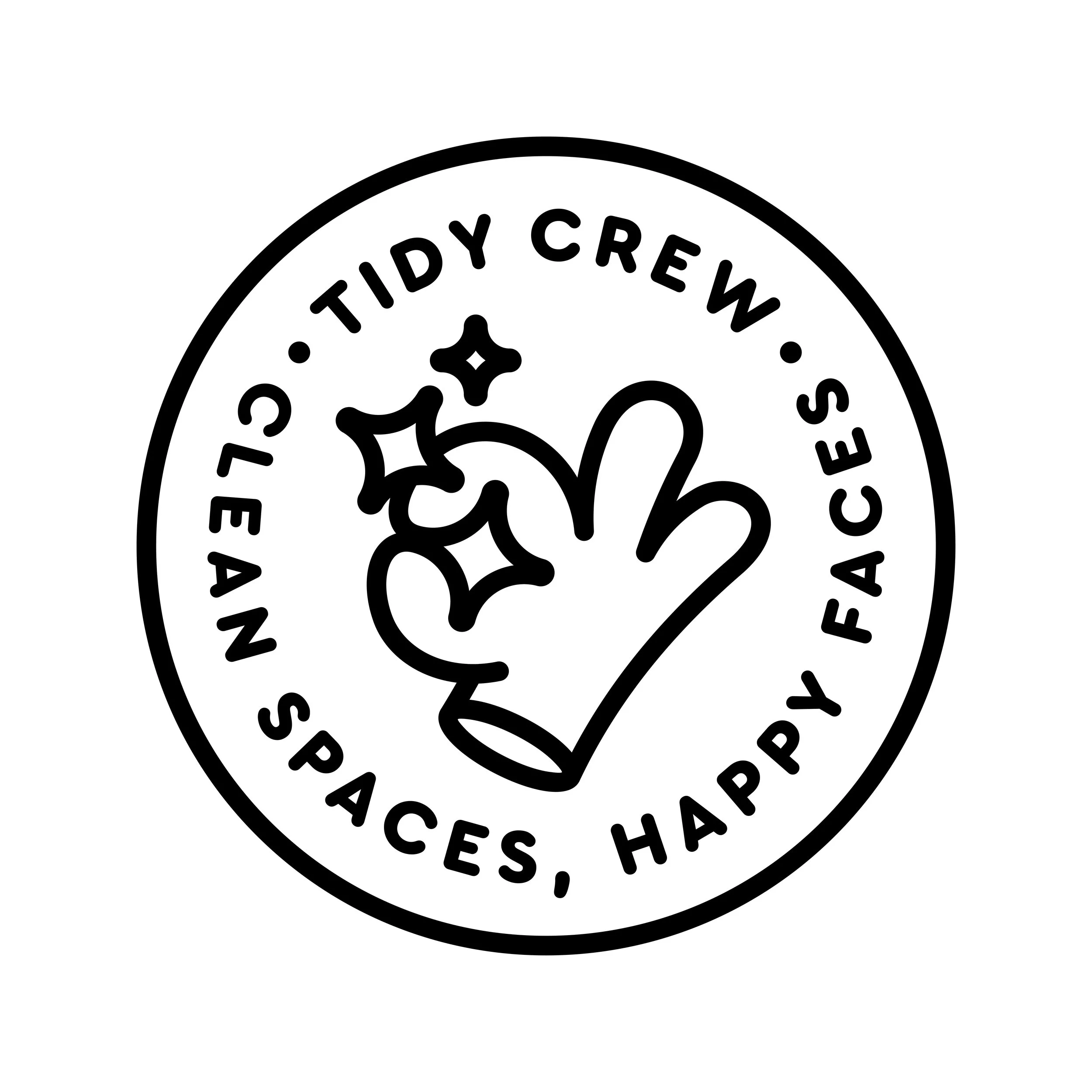 A circular logo with a hand making an OK gesture, surrounded by holly leaves and berries. The text around the circle reads: "Tidy Crew," "Clean Spaces, Happy Faces."
