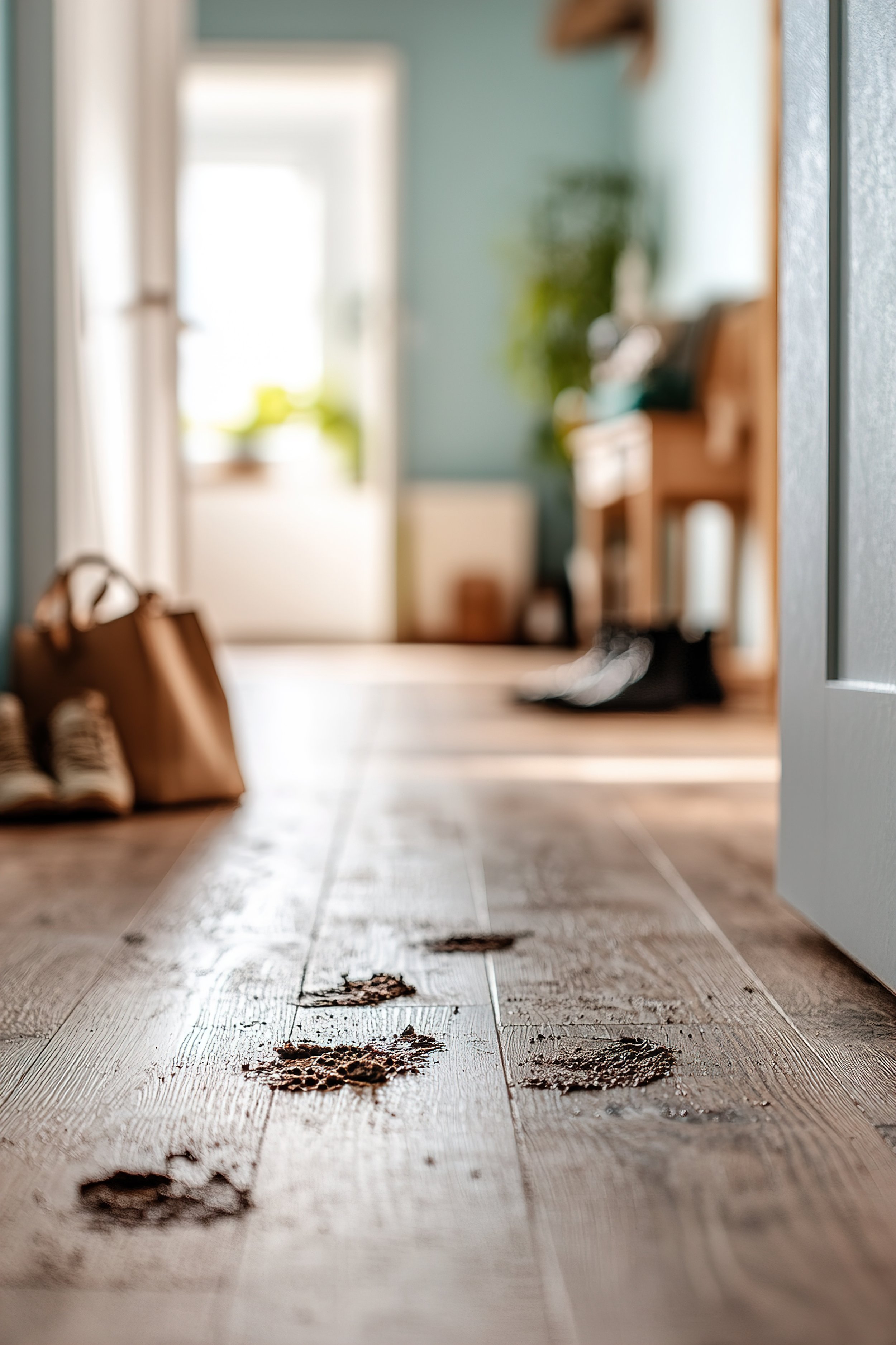 Footprints and muddy paw prints on a wooden floor in an entryway leading into a bright room with a door and furniture.
