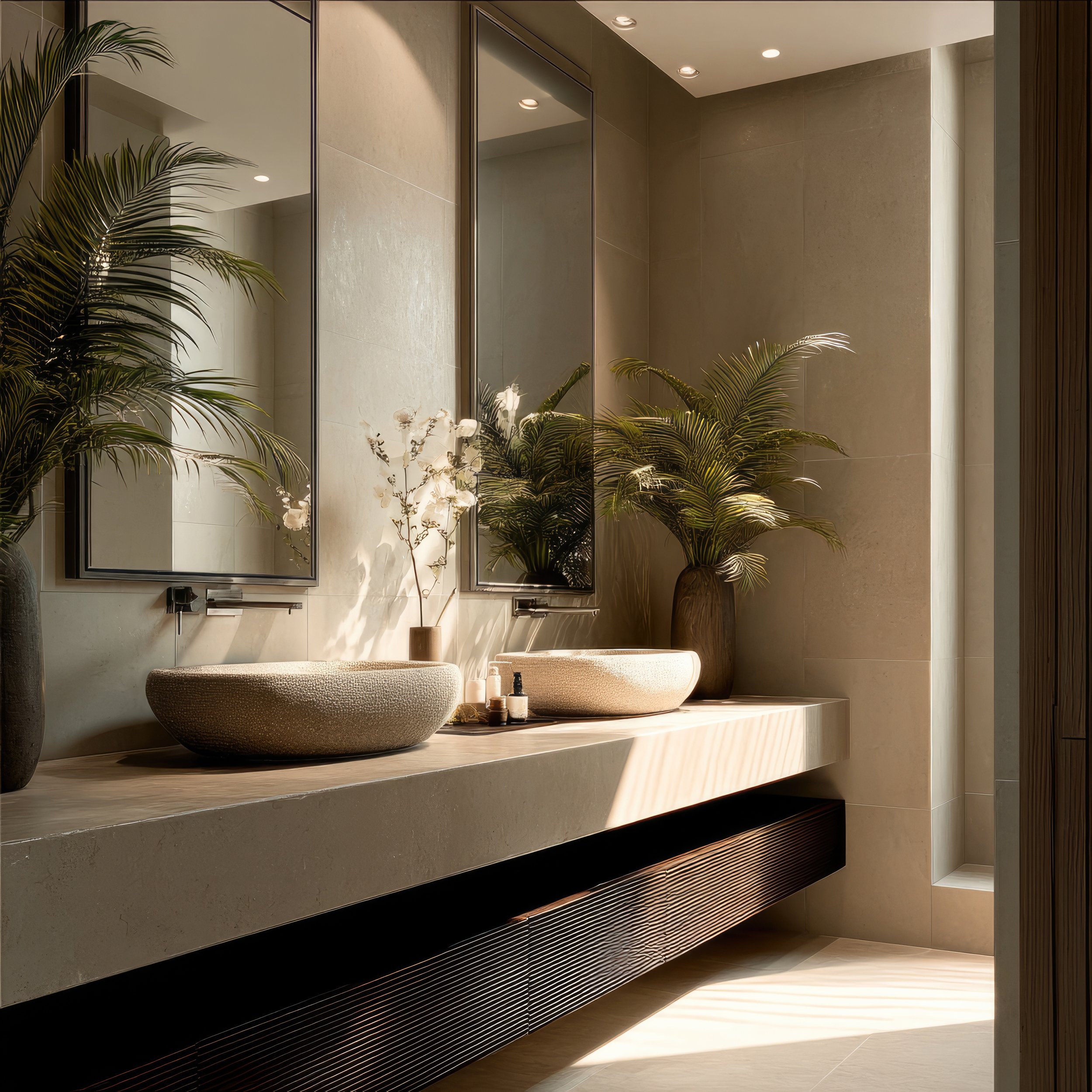 A modern bathroom with two stone sinks on a beige countertop, large mirrors above, and potted plants adding greenery. Natural light filters in.
