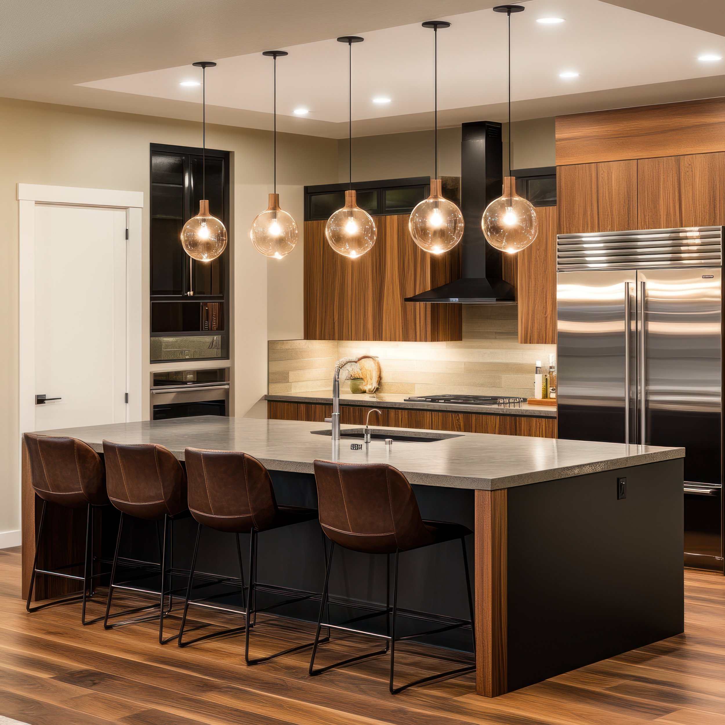 Modern kitchen with a large island, four brown leather chairs, wooden cabinetry, stainless steel refrigerator, black range hood, pendant lights, and hardwood flooring.