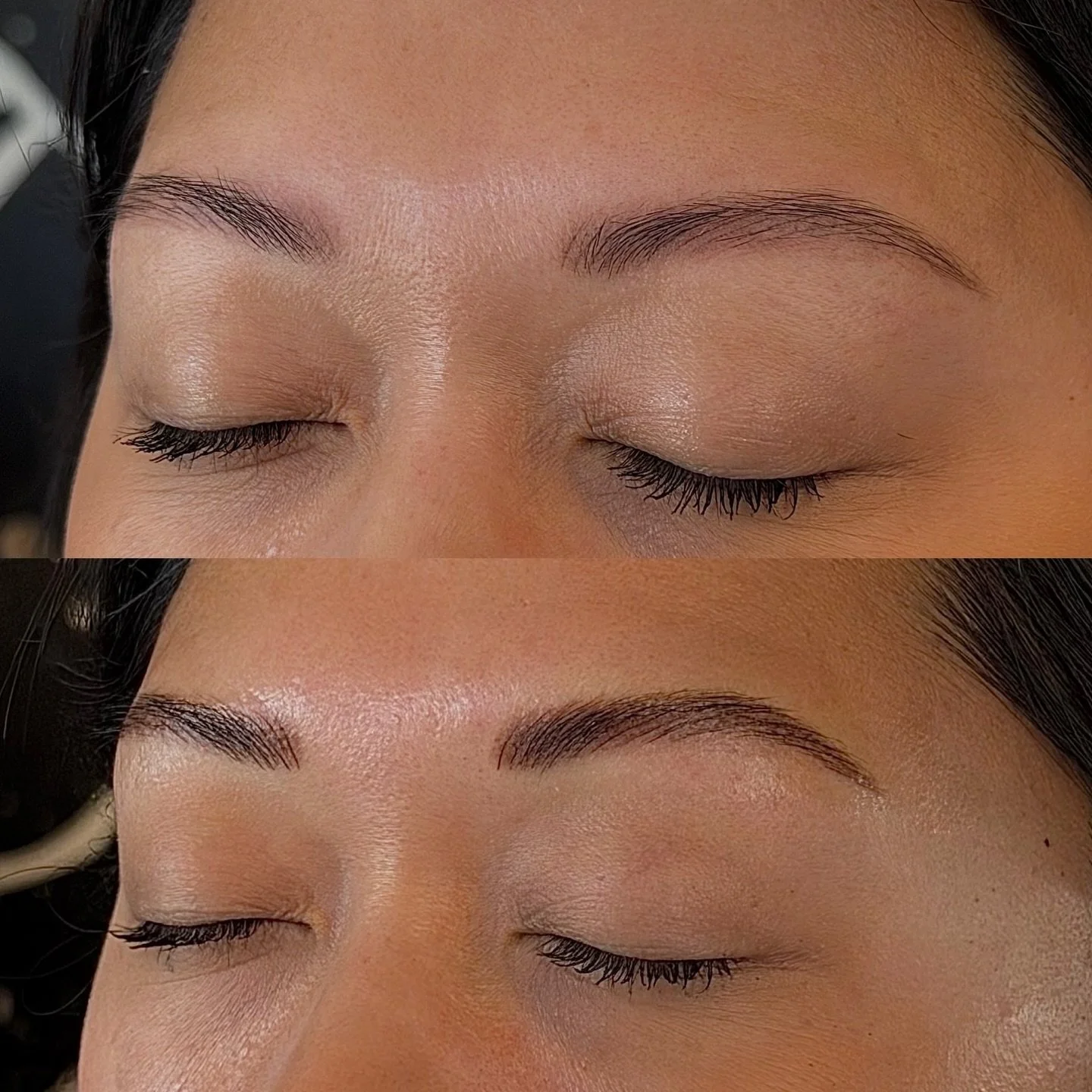 This is why the follow-up appointment matters 👇🏽

Top photo: 8&ndash;12 week healed combo brows
Bottom: right after her touch-up

Healing always softens the brows, so at this appointment we refine + build&mdash;today we went slightly darker to give