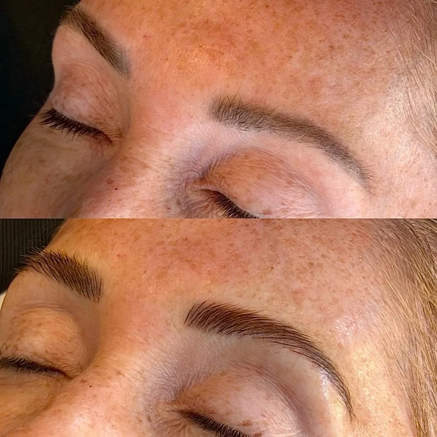 At her first appointment, we did hairstrokes with a light powder effect for a little added density. Fast forward 3 years later, her skin held the pigment so well that we decided to keep it simple this time around &mdash; just a few fresh hairstrokes 
