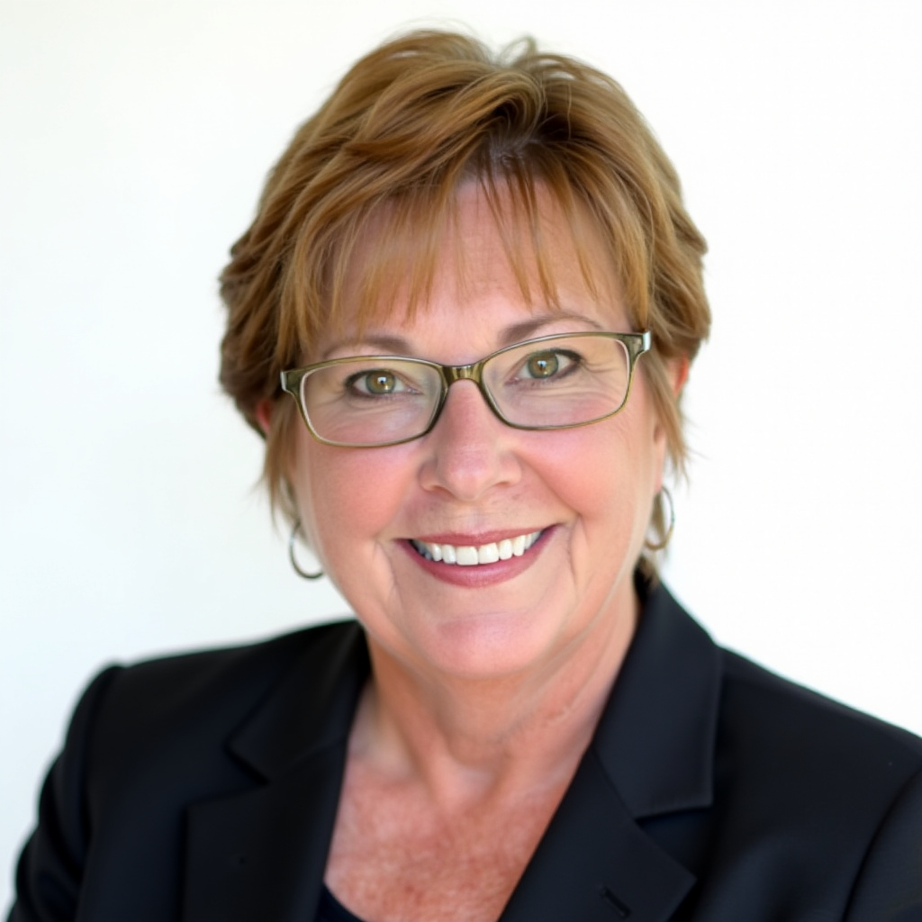 A woman with short reddish hair, glasses, and a black blazer is smiling at the camera against a plain light background.