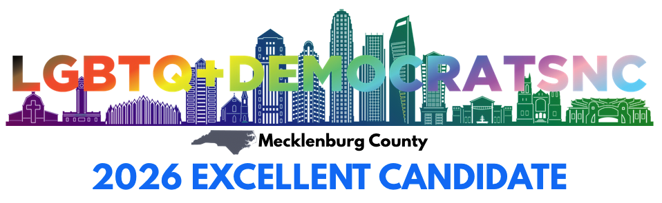 Colorful city skyline with the words 'LGBTQ+ + DEMOCRATS' above and 'Mecklenburg County 2026 Excellent Candidate' below.