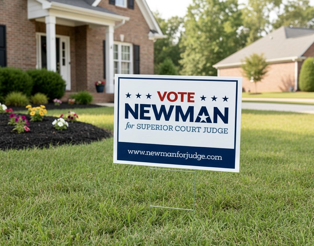 A political yard sign for candidate Newman, supporting for Superior Court Judge, placed on a front lawn in front of a house.