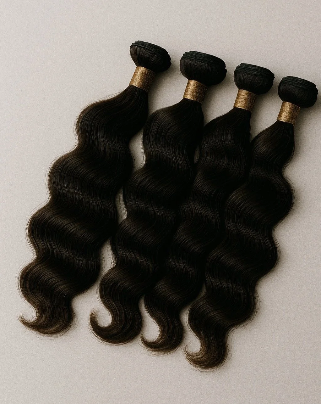 Four bundles of dark brown wavy hair extensions with gold bands, arranged parallel on a white background.
