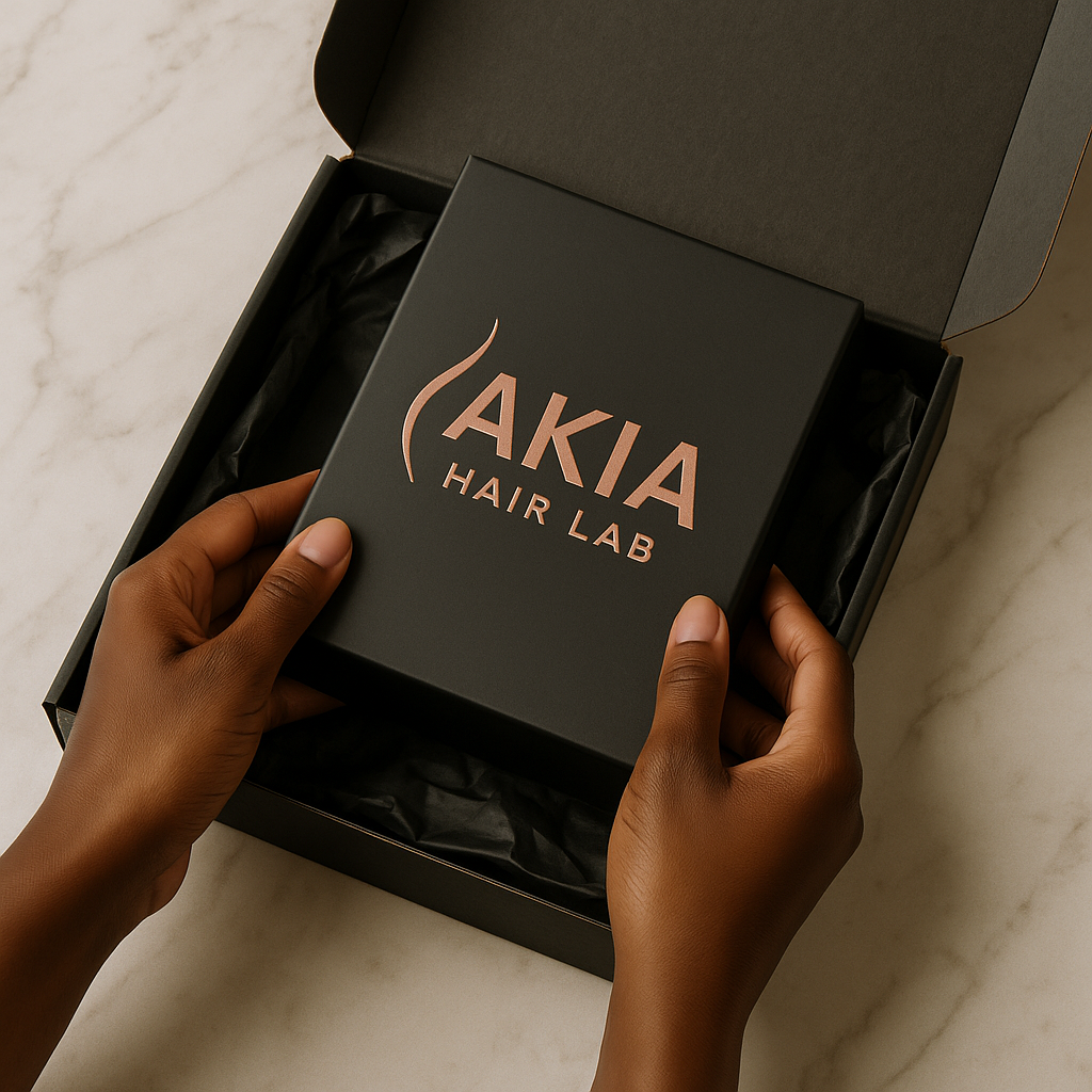 Hands opening a black box labeled AKIA Hair Lab inside a black gift box with tissue paper on a marble surface.