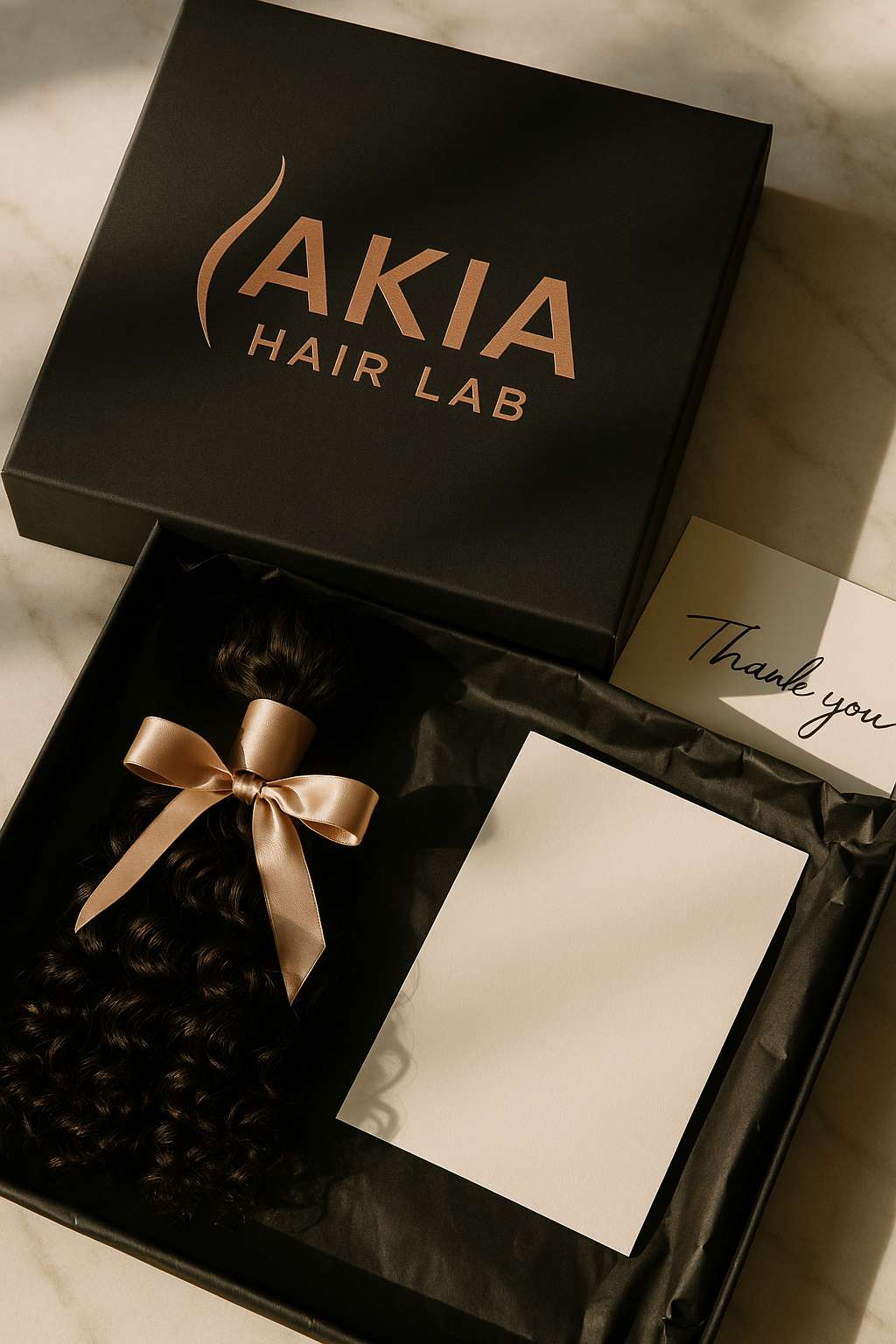 A black box labeled 'AKIA HAIR LAB' containing a bundle of dark, curly hair with a satin bow, along with a thank you card and a blank note card.