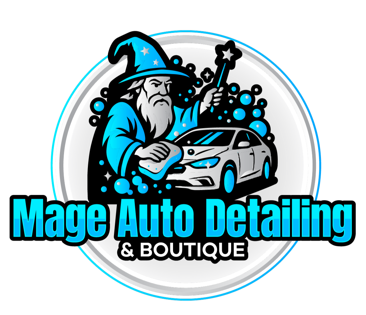 A logo for Mage Auto Detailing & Boutique featuring a wizard with a long beard wearing a blue hat and robe, holding a magic wand, cleaning a white car surrounded by bubbles and sparkles, with the company name in bold blue and white letters.