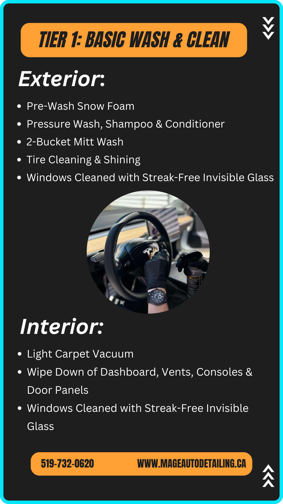 A cleaning service advertisement with a black background and orange highlights, detailing basic wash and clean tasks for exterior and interior of a vehicle, including washing, shining, vacuuming, and window cleaning, with a photo of a person cleaning a Tesla steering wheel.
