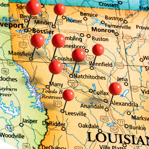 Map of Louisiana with several red pins marking different cities and locations.