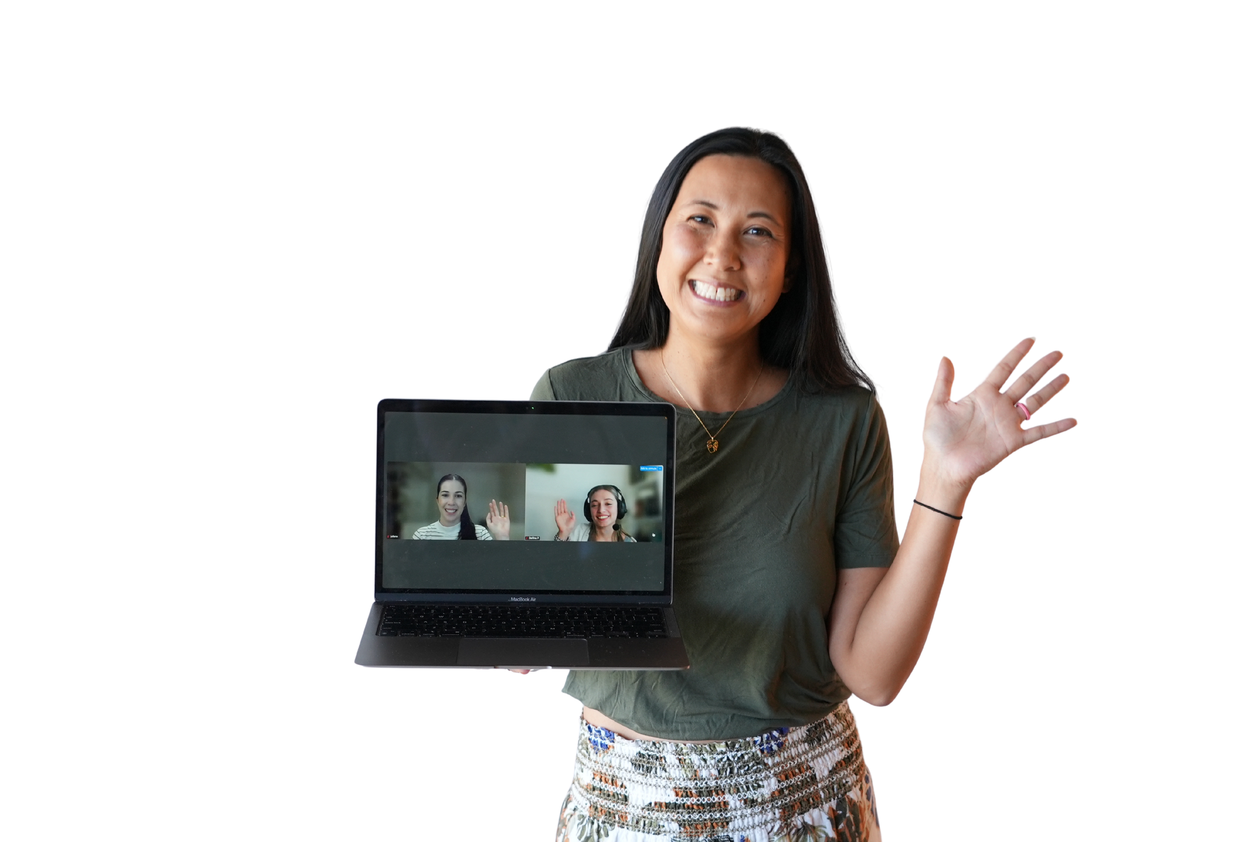 A smiling woman holding a laptop showing a video call with two women waving, against a black background.