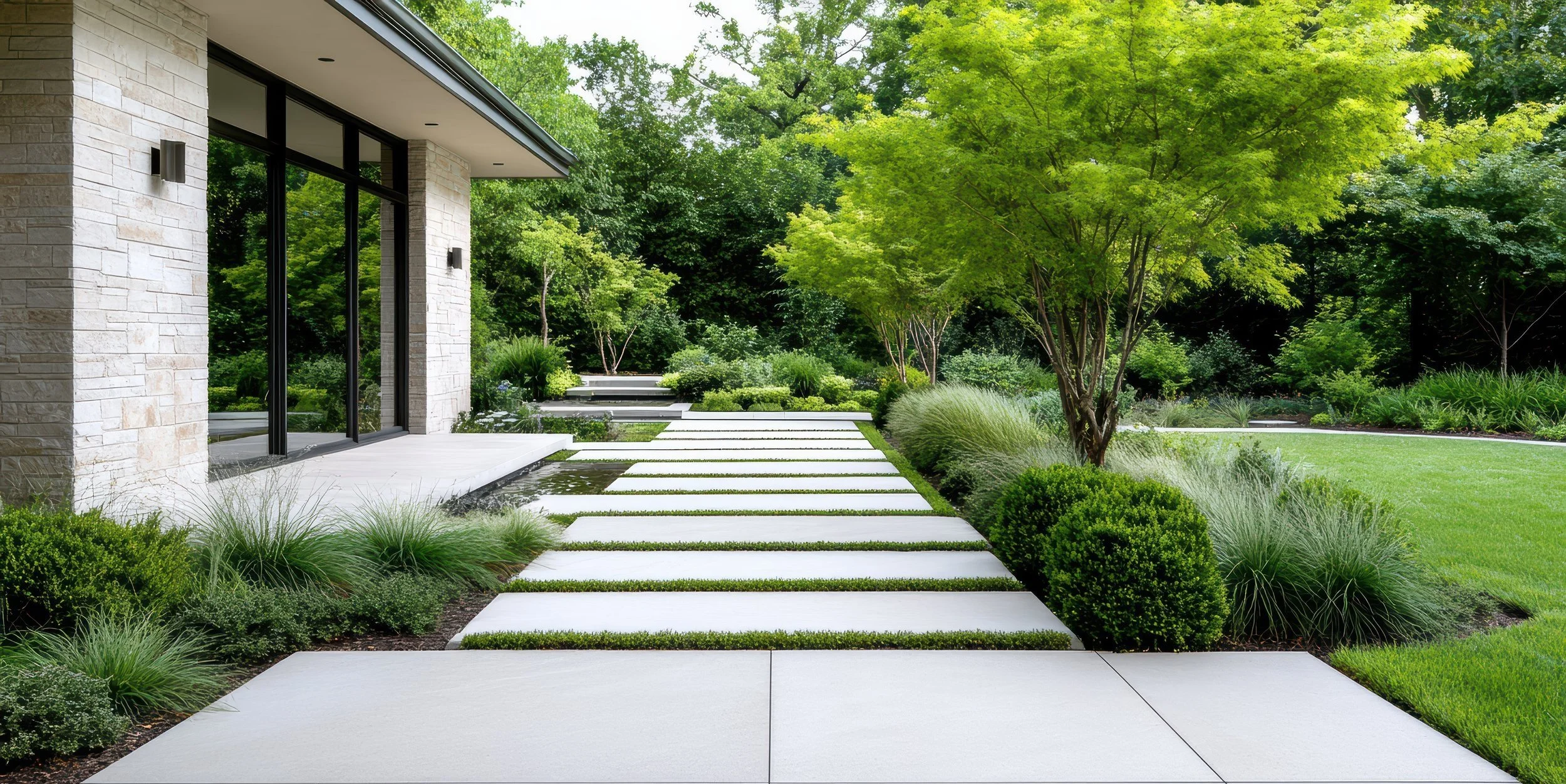 Garden of a modern house in Brighton, Bayside Melbourne. Stunning outdoor space with manicured landscaped gardens, surrounded by lush green lawn, trees and plants. Transform your outdoor spaces with Green Seed Garden Services.