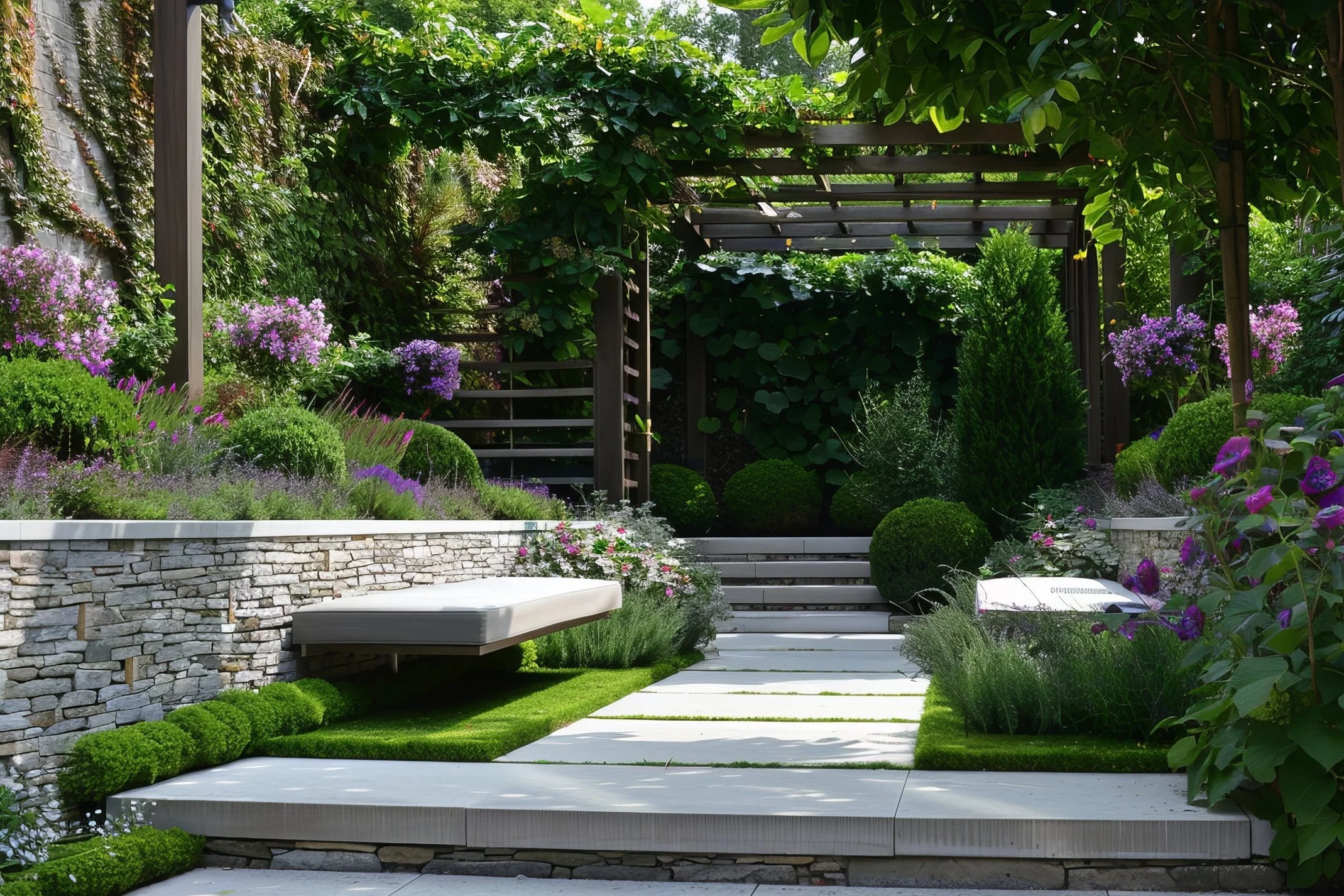 Stunning private  garden in Brighton, Bayside Melbourne. A lush outdoor backyard garden with stone walls, green shrubs, colourful flowers, and a wooden pergola over steps. Transform your outdoor spaces with Green Seed Garden Services.
