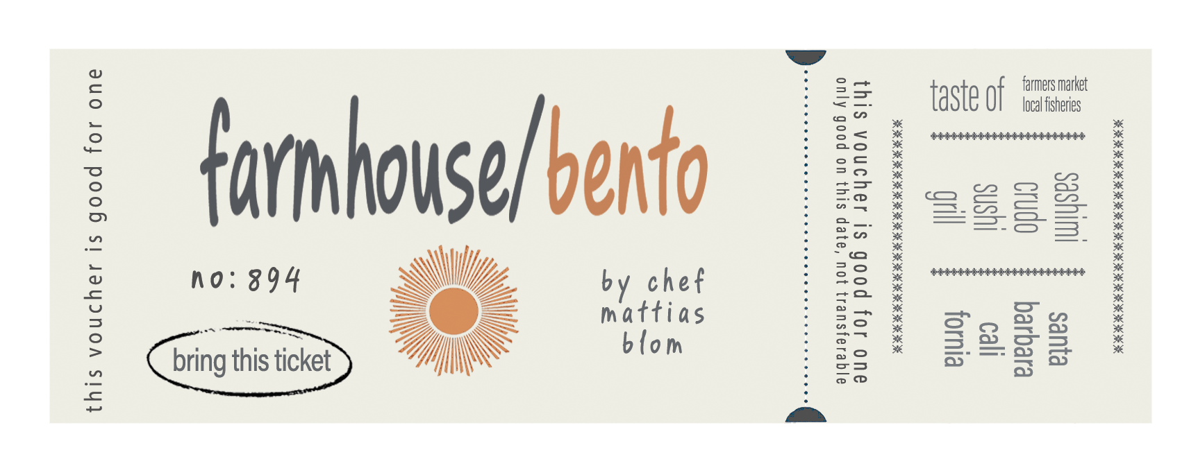 A ticket for a farmhouse/bento meal, featuring a decorative sun and information about the chef, Mattias Blom, with sections for taste of local fisheries and a note to bring the ticket to the event.