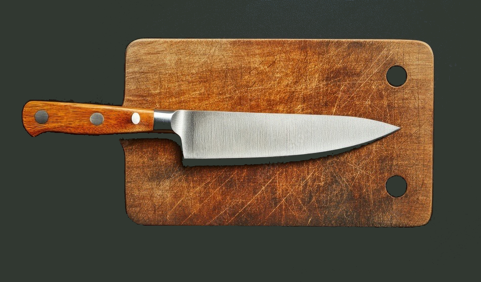 A kitchen knife with a wooden handle resting on a worn wooden cutting board.