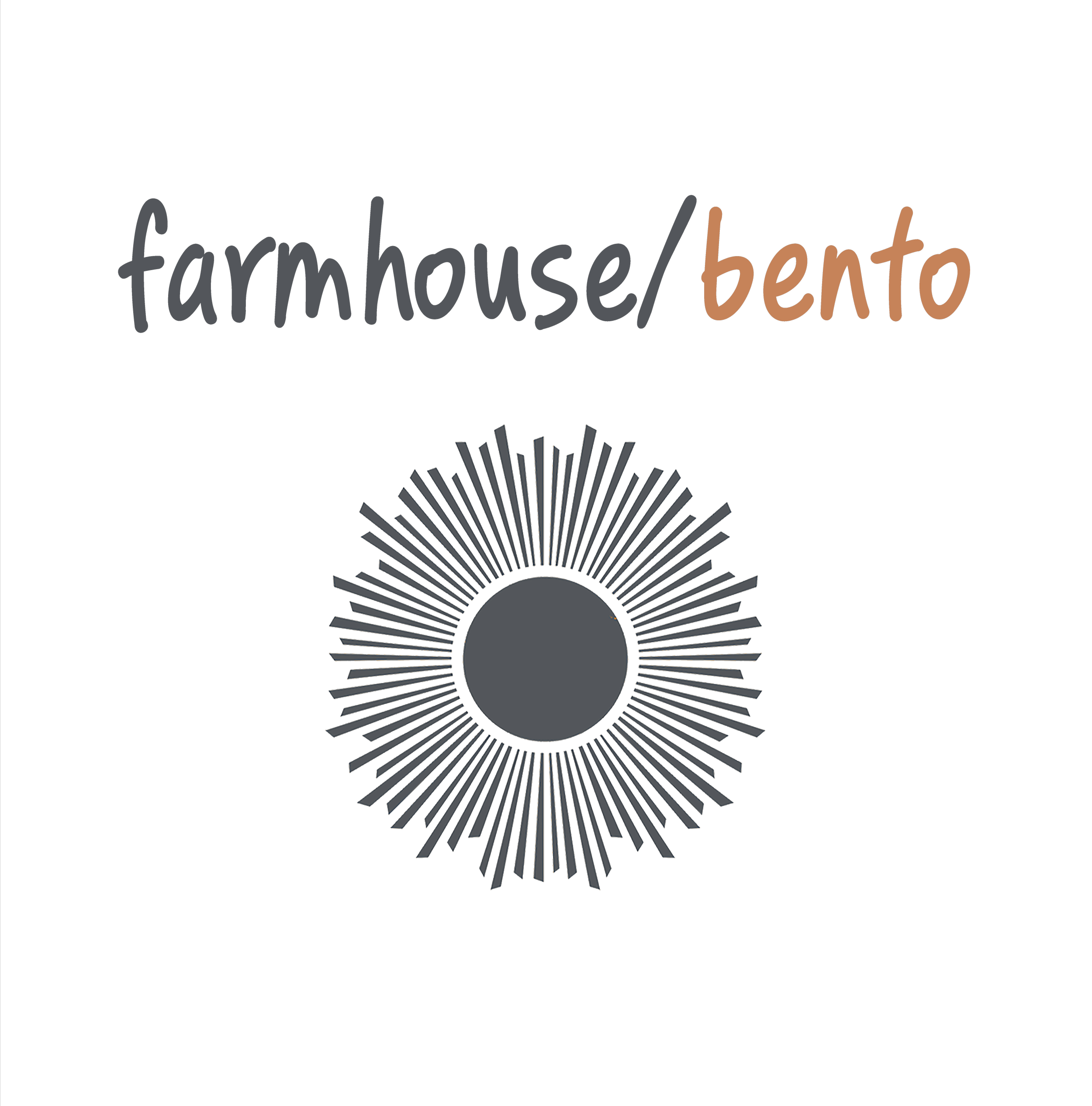 A logo with the text 'Farmhouse/Bento' in black, gray, and brown colors above a stylized sunburst design.