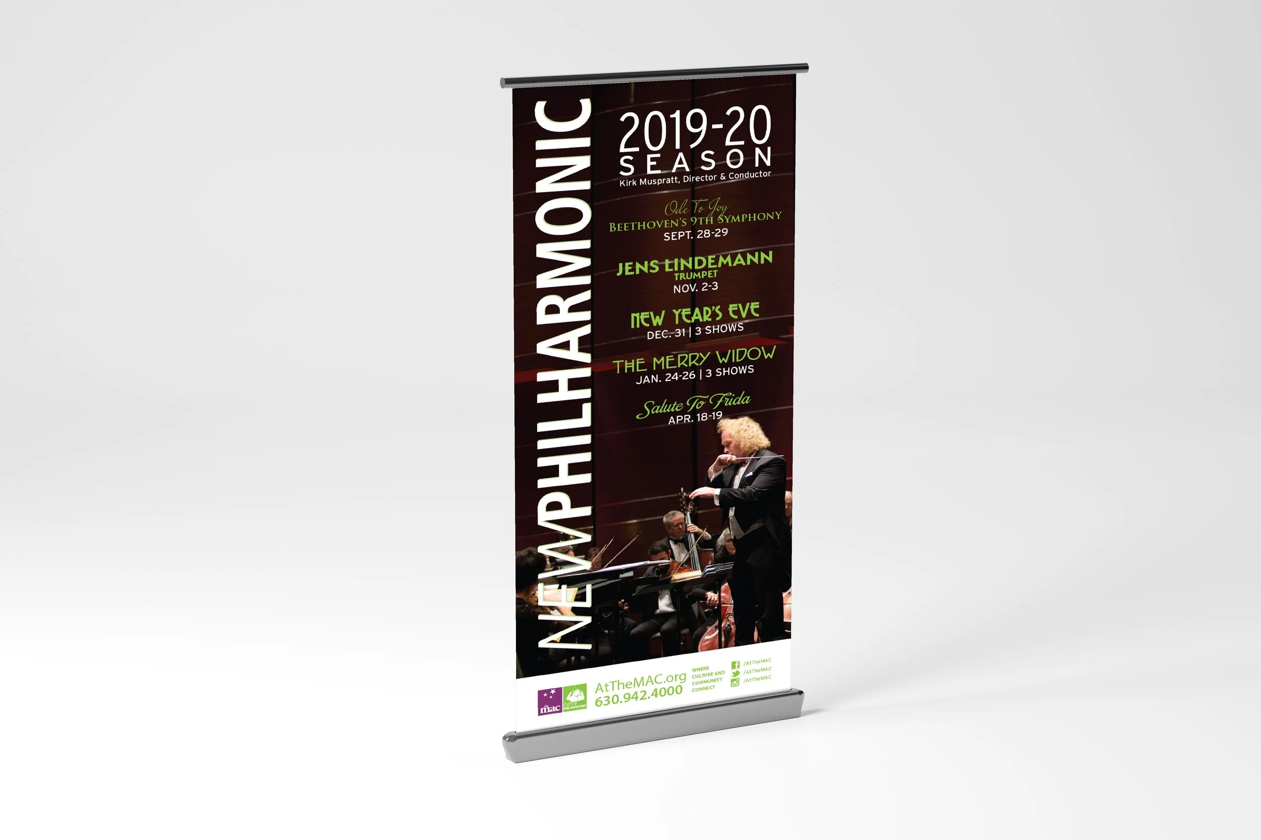 Large floor banner to advertise New Phil Shows in the MAC lobby.