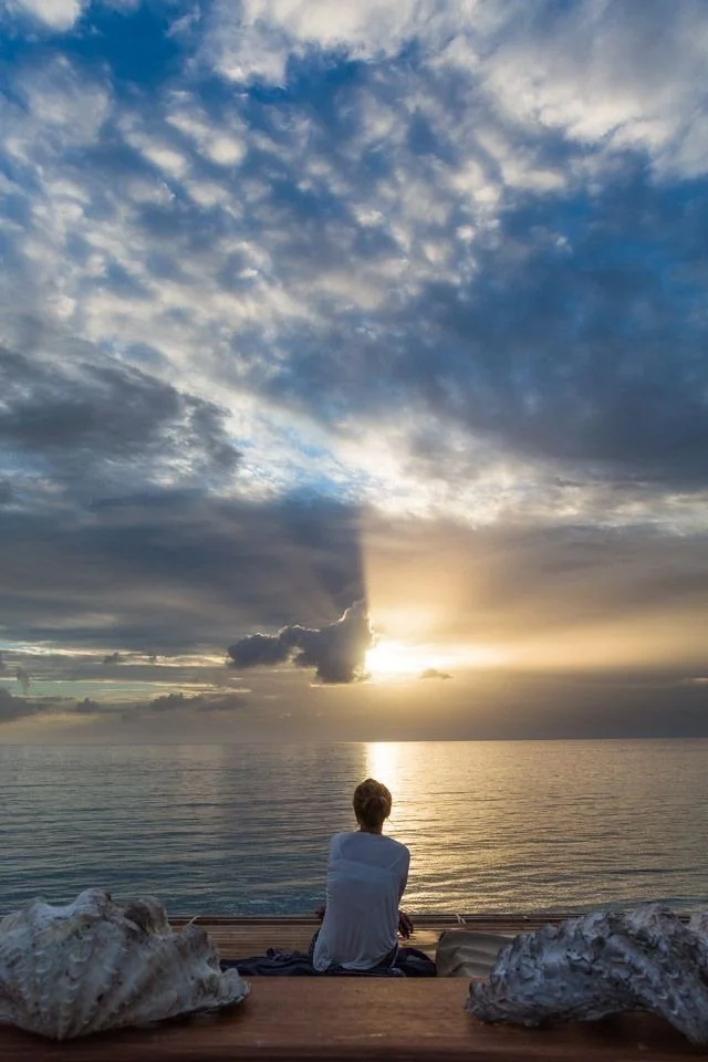 Person sitting on a wooden dock watching a sunset over the ocean, seashells scattered in the foreground—symbolizing reflection, transition, and the gentle unfolding of identity through Embodied Soul Psychotherapy™.