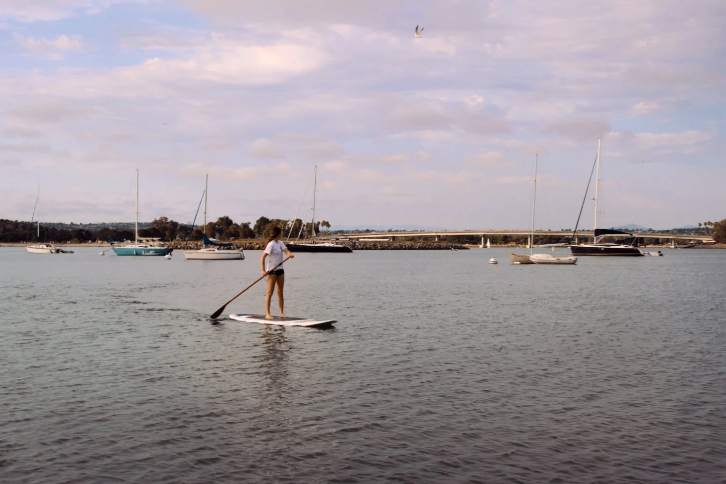 A person paddleboarding on a calm body of water with sailboats anchored nearby and a bridge in the background.