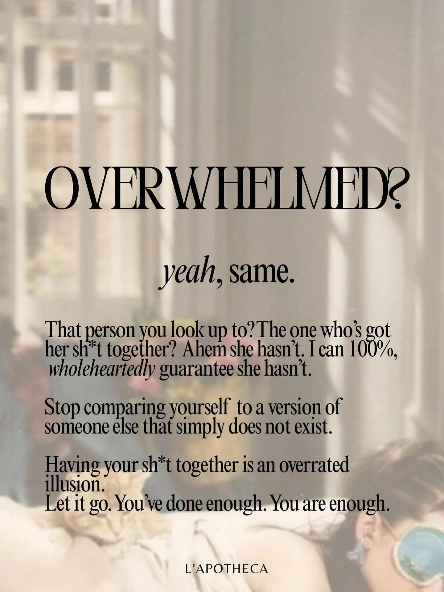 If you&rsquo;re overwhelmed right now, you&rsquo;re not broken &mdash; you&rsquo;re human.
No one has their sh*t together as much as you think they do.
(Trust me, they don&rsquo;t.)
Take today one breath at a time.
You&rsquo;ve already done more than