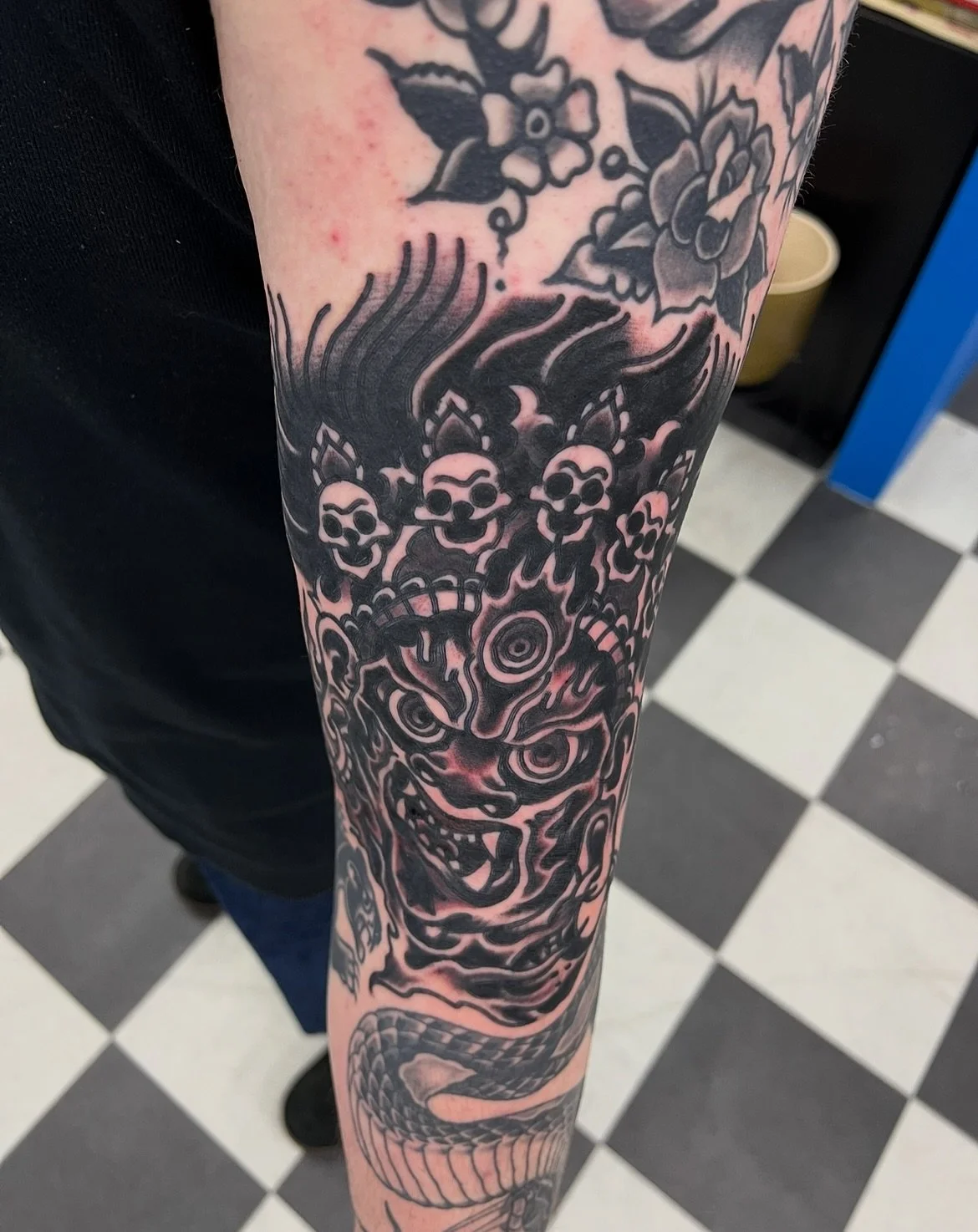 Big mahakala on the inside of the arm. For bookings send me a DM.