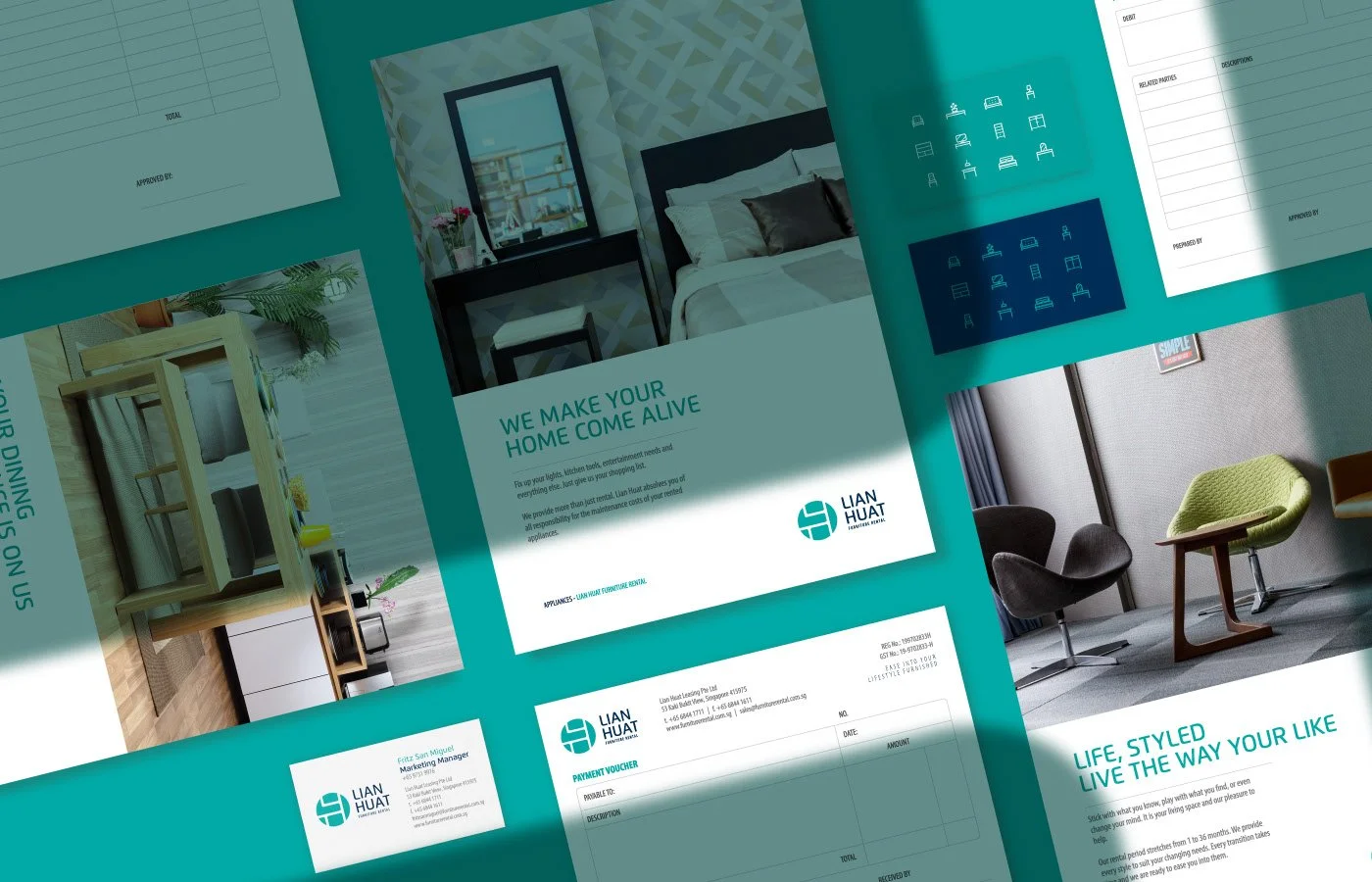 Various interior design and furniture promotional materials from Lian Huat, including room decor, furniture layouts, and branding.