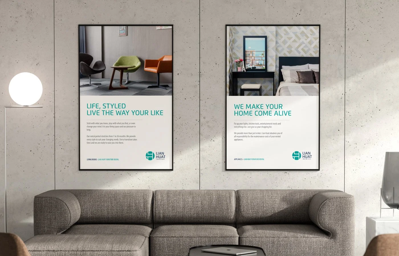 Two framed posters on a concrete wall advertising furniture rental, with a sofa, a modern lamp, and a side table with a glass container in a contemporary room.
