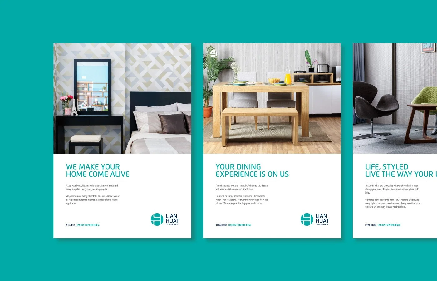 Three promotional brochures for Lian Huat Furniture Rental, each showing different styled home interiors: a bedroom, a dining room, and a living room.
