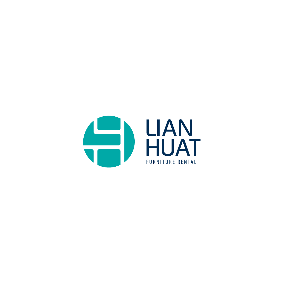 Logo for Lian Huat Furniture Rental featuring a teal circular icon with stylized geometric shapes and dark blue text.