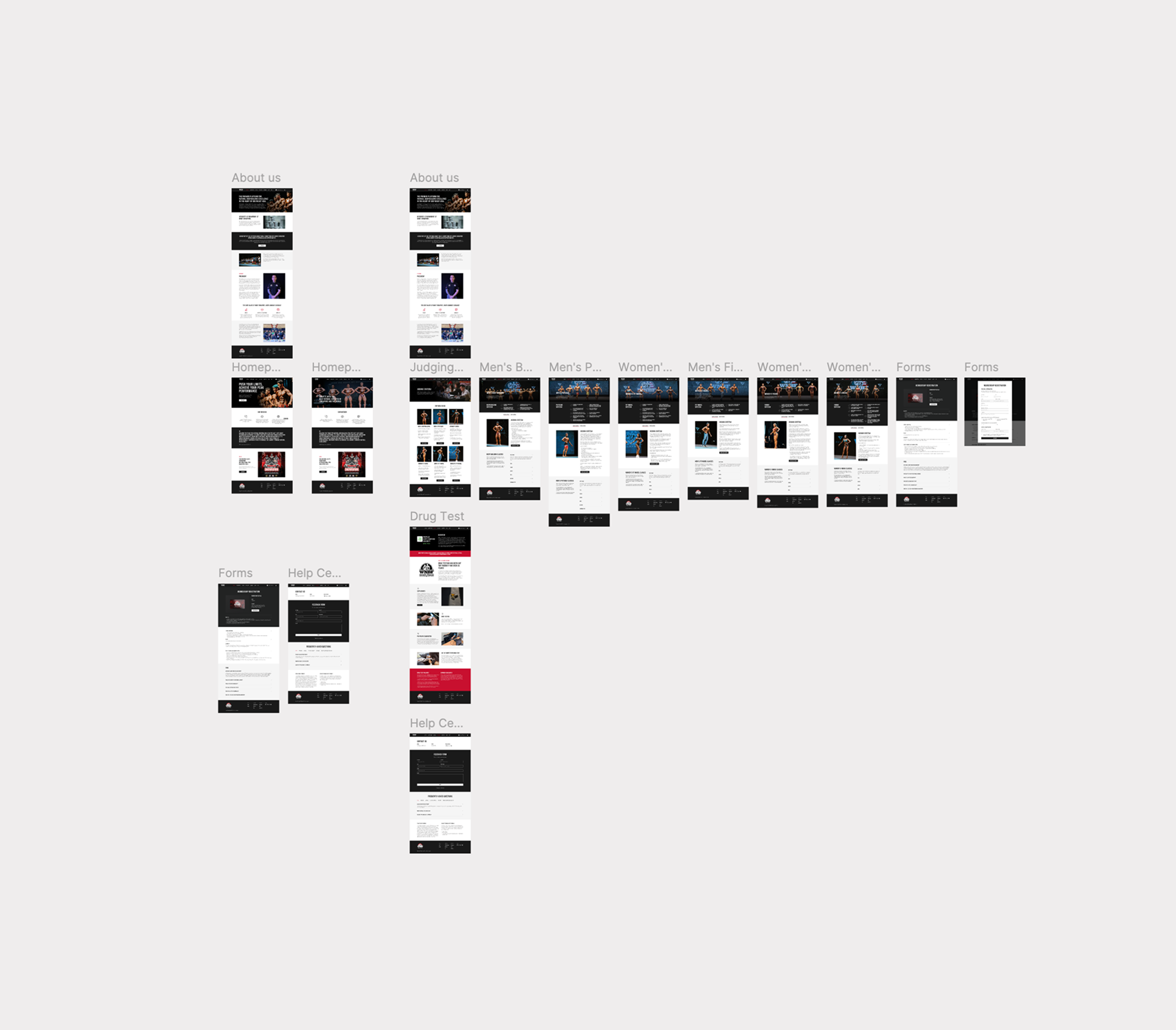 Collage of website pages with black, white, and red designs related to fitness, classes, and contact information.