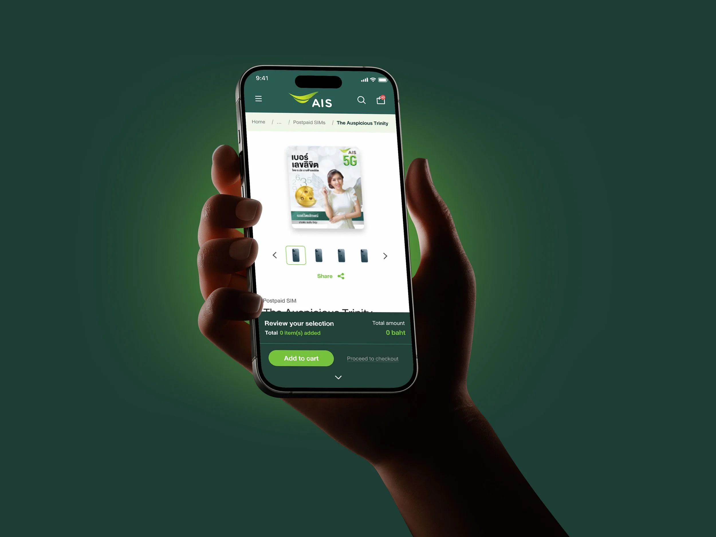 Hand holding a smartphone displaying an e-commerce page for purchasing a SIM card or mobile plan from AIS.