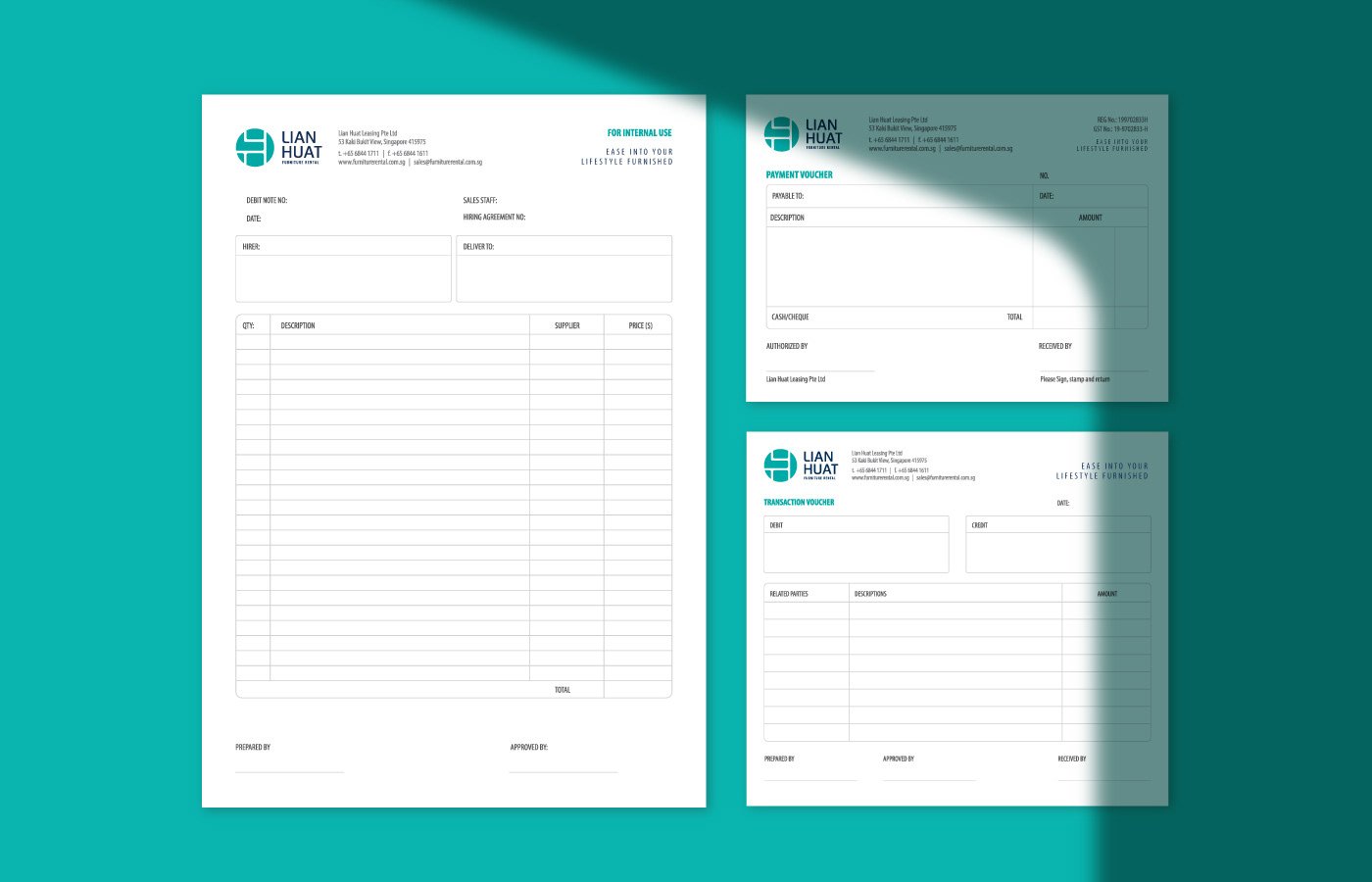 Image of three different types of business forms or invoices, with the company logo, for Lian Huat Leasing Pte Ltd, set against a teal background.