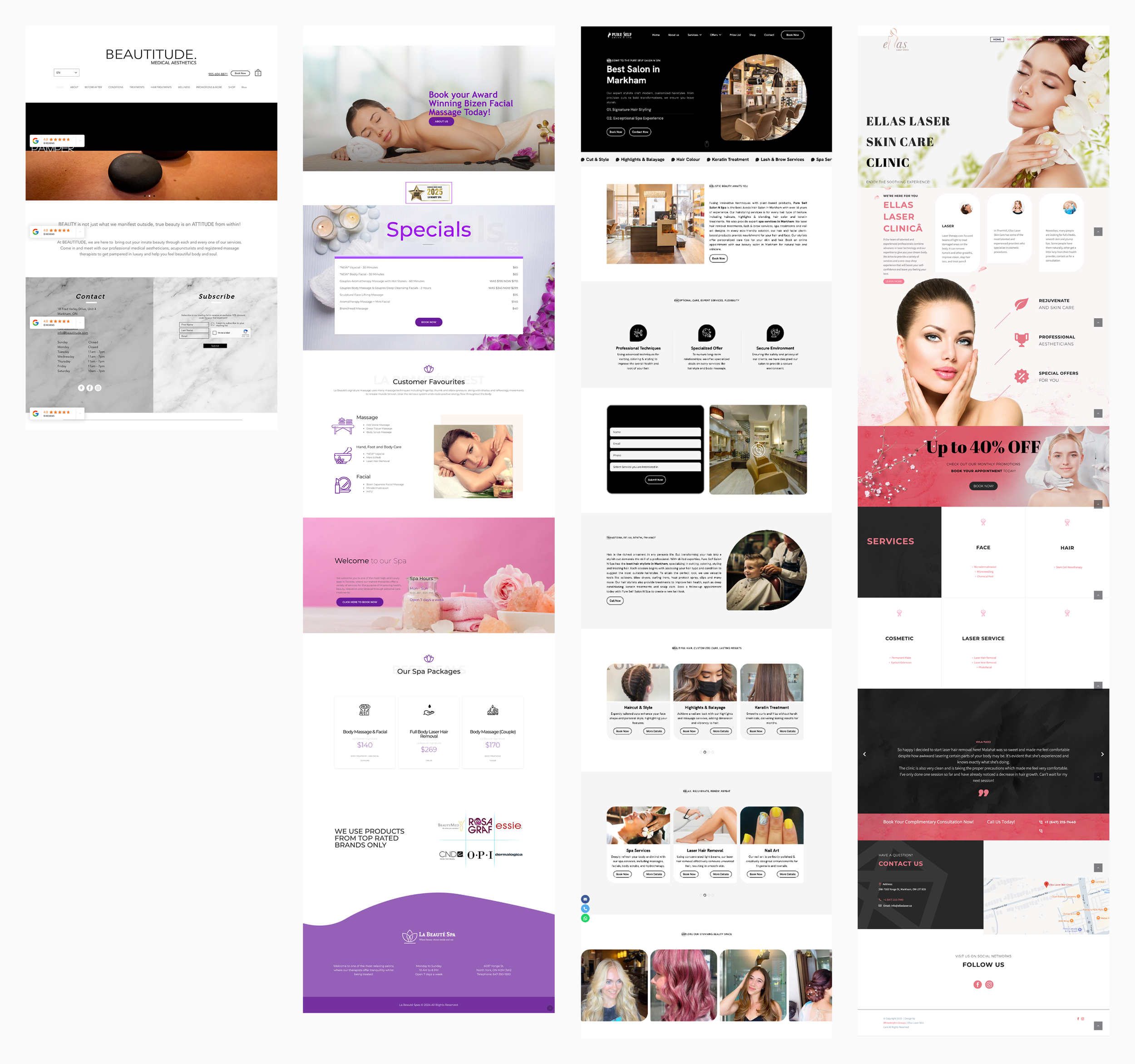 Screenshots of four different beauty and wellness website homepages, including spa services, facial treatments, massage, and laser skin care clinics.