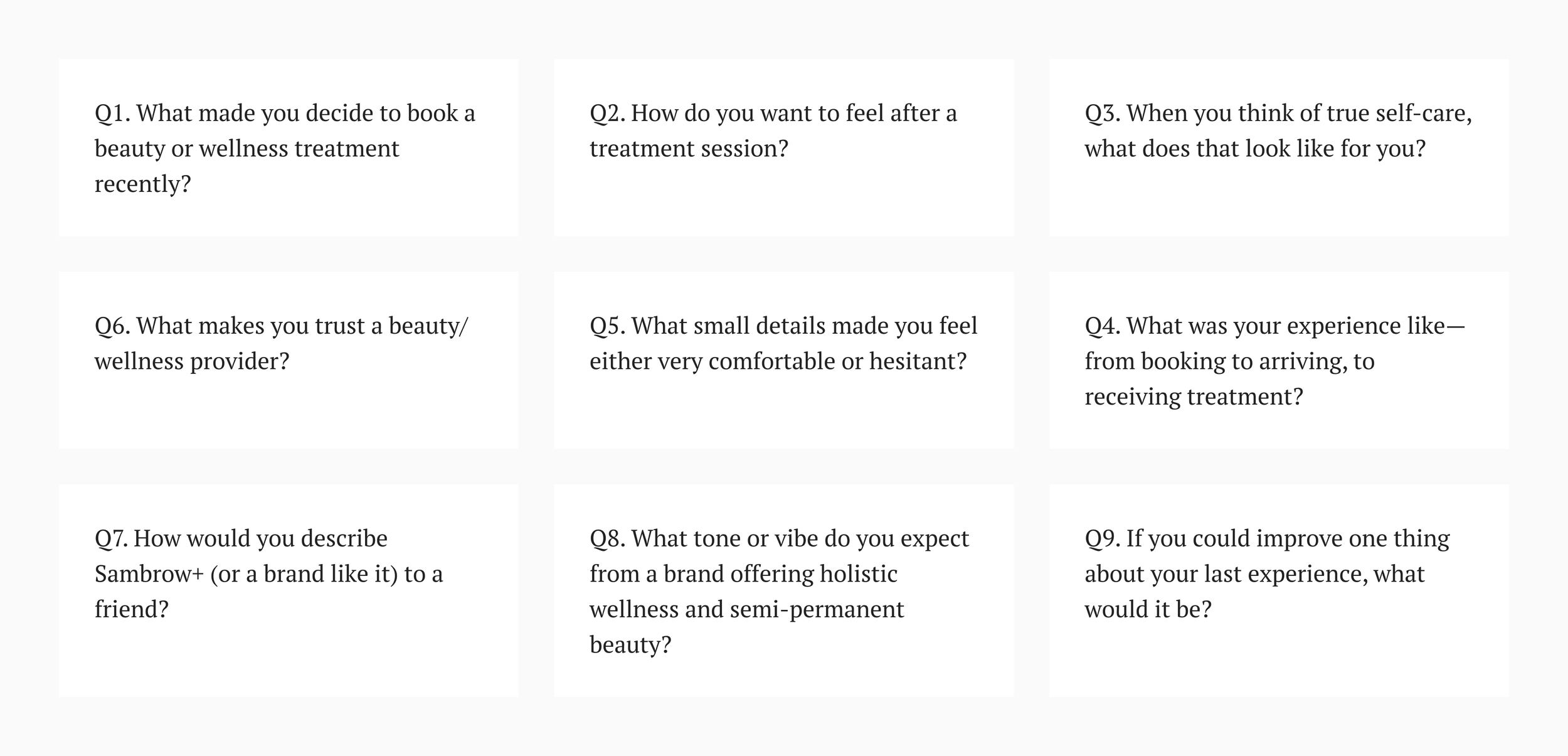 A white image with nine questions related to beauty or wellness treatments, including topics like decision factors, feelings after treatments, trust, experiences from booking to treatment, descriptions of brands, expected tones, and improvements.