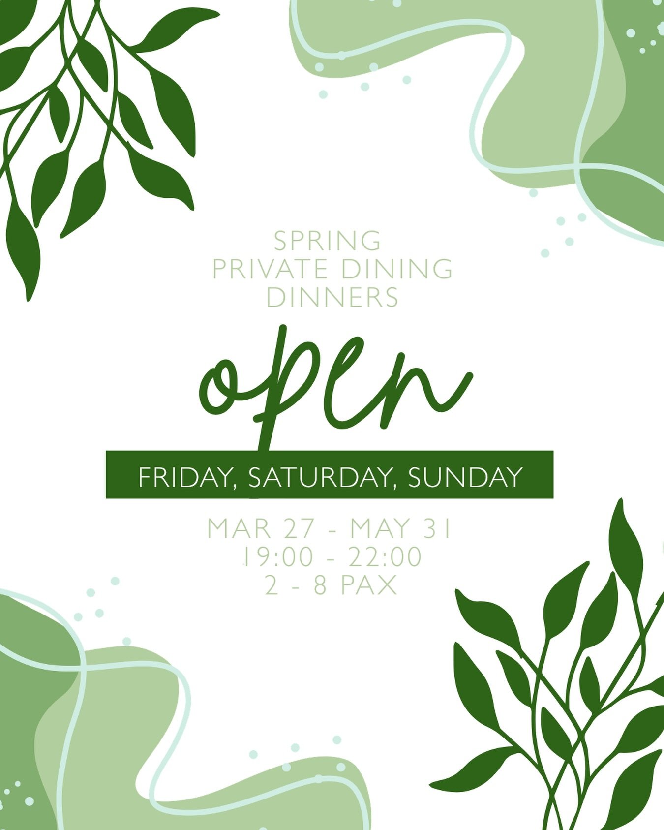 Spring evenings, reimagined 🌸

Our spring private dining series is officially open&mdash;intimate, seasonal, and thoughtfully curated.

Fridays, Saturdays, Sundays
March 27 &ndash; May 31
19:00 &ndash; 22:00

Reserve your table ✨