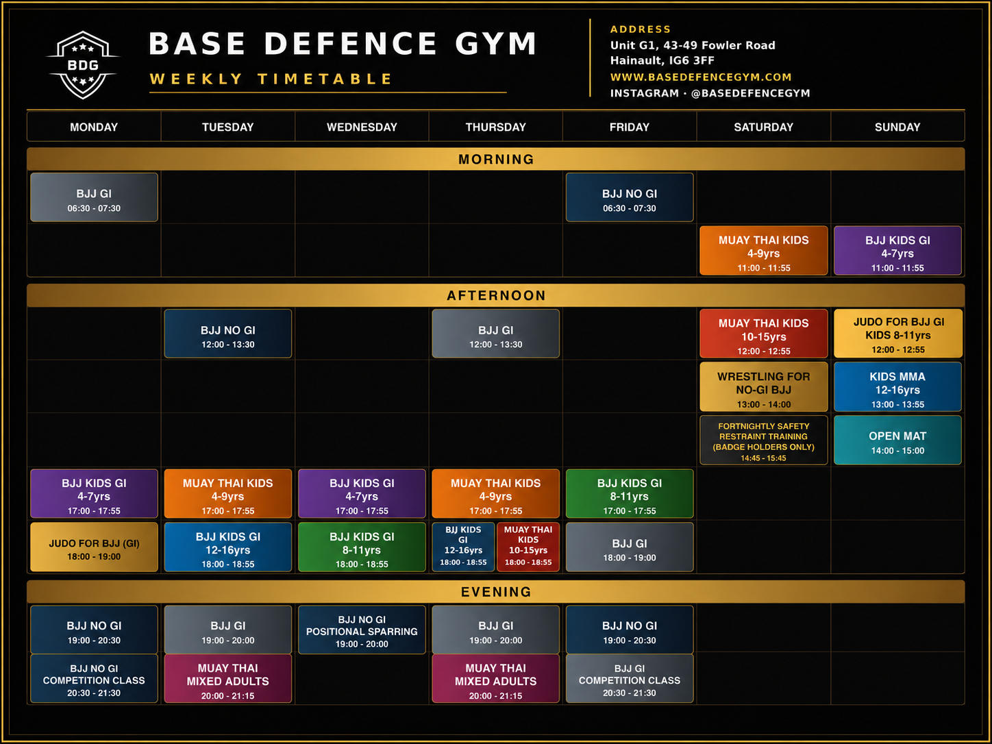 Base Defence Gym weekly class timetable for BJJ, Muay Thai, Judo, wrestling, kids’ martial arts and specialist training in Hainault.
