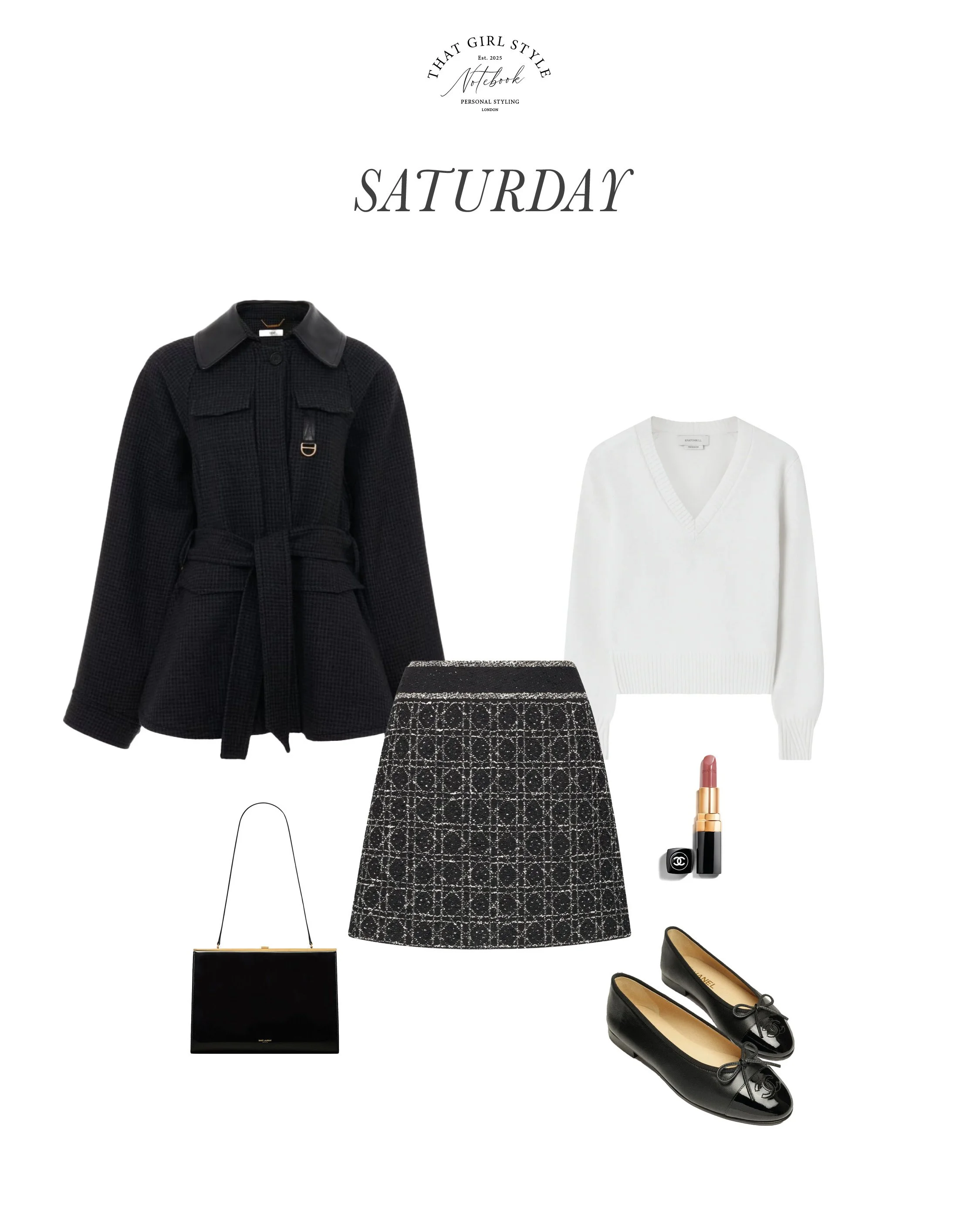 Coat Chloé, Skirt Dior, Jumper Knatchbull, Bag Saint Laurent, Ballet Flats Chanel
