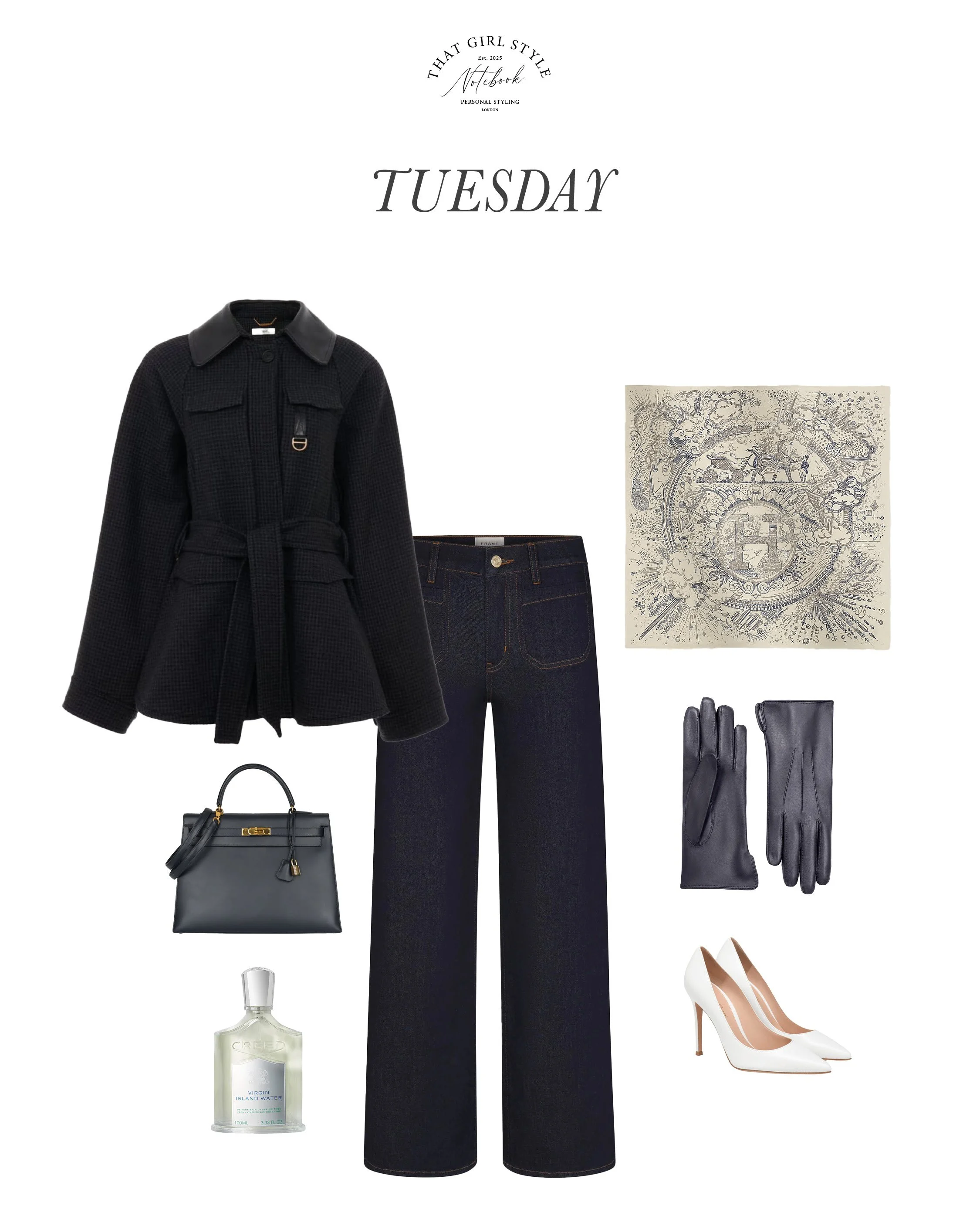 Coat Chloé, Jeans Frame, Bag Hermès, Heels Gainvito Rossi, Scarf Hermès, Gloves Cornelia James