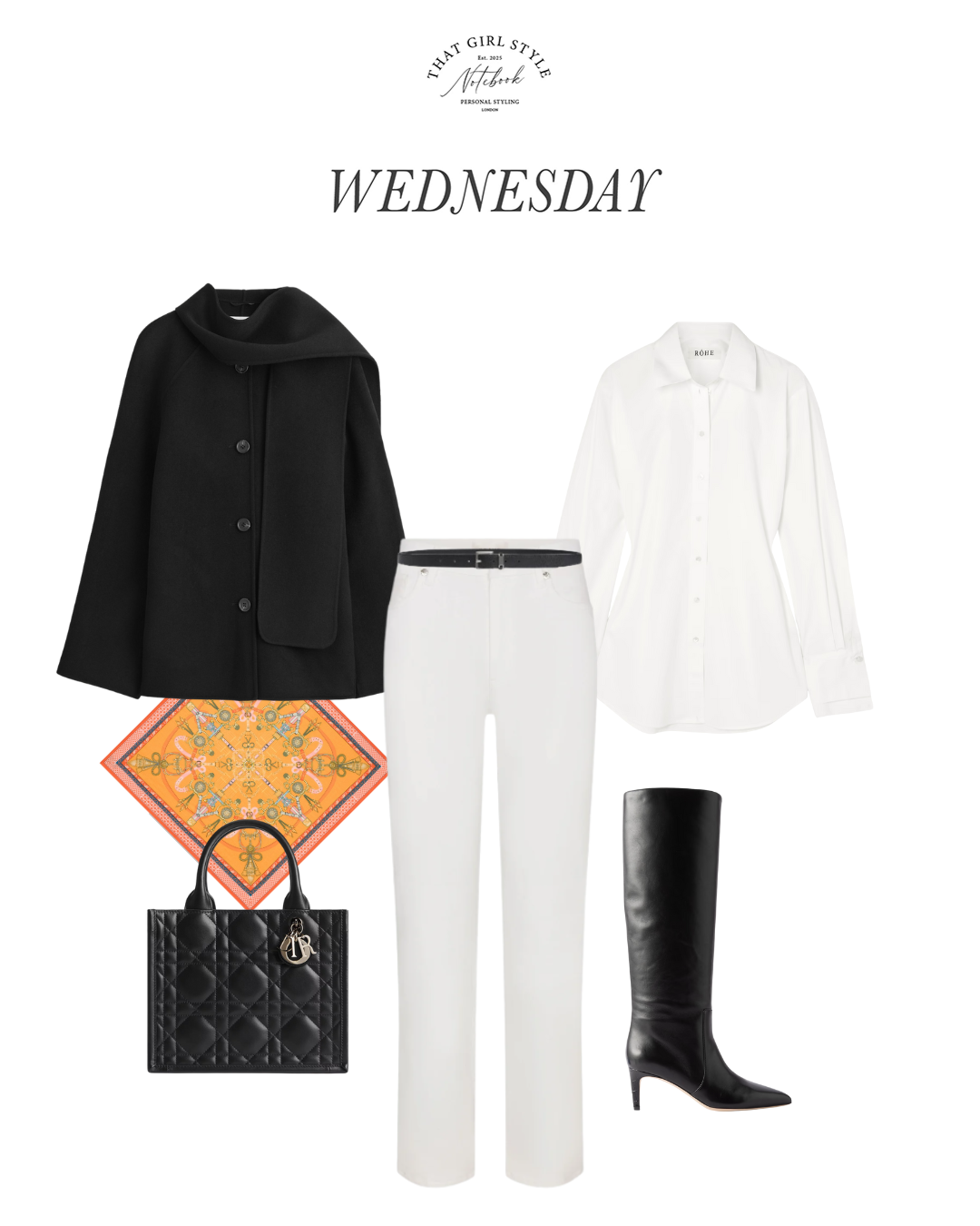 Coat COS, Jeans Frame, Shirt Rôhe, Bag Dior, Boots Paris Texas, Scarf N.Peal