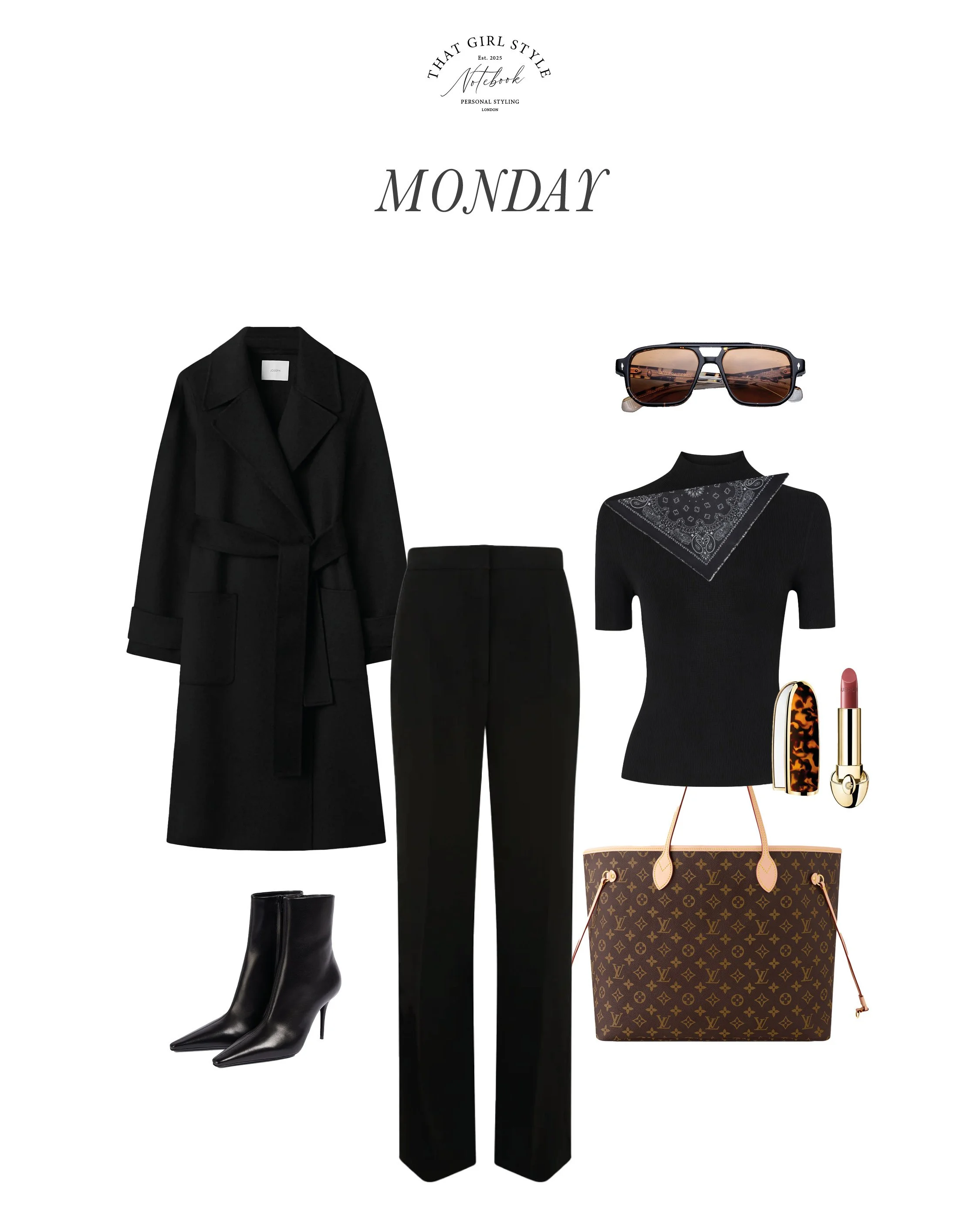 Coat Joseph, Trousers Max Mara, Top Theory, Boots Saint Laurent, Bag Louis Vuitton, Scarf Kujten, Sunglasses Jaques Marie Mage