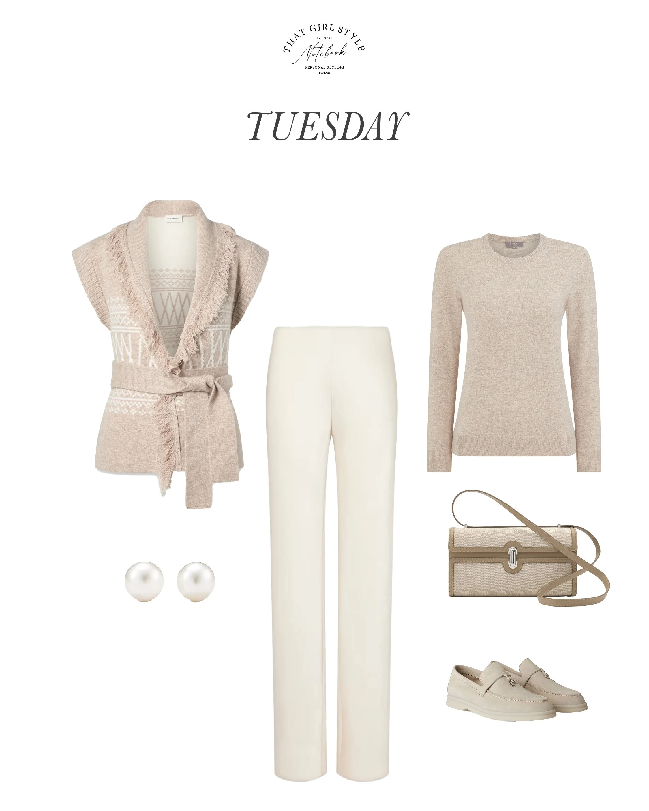 Cardigan We Norwegians, Trousers Vince, Jumper N.Peal, Bag Savette, Shoes Loro Piana, Earrings Tiffany & Co