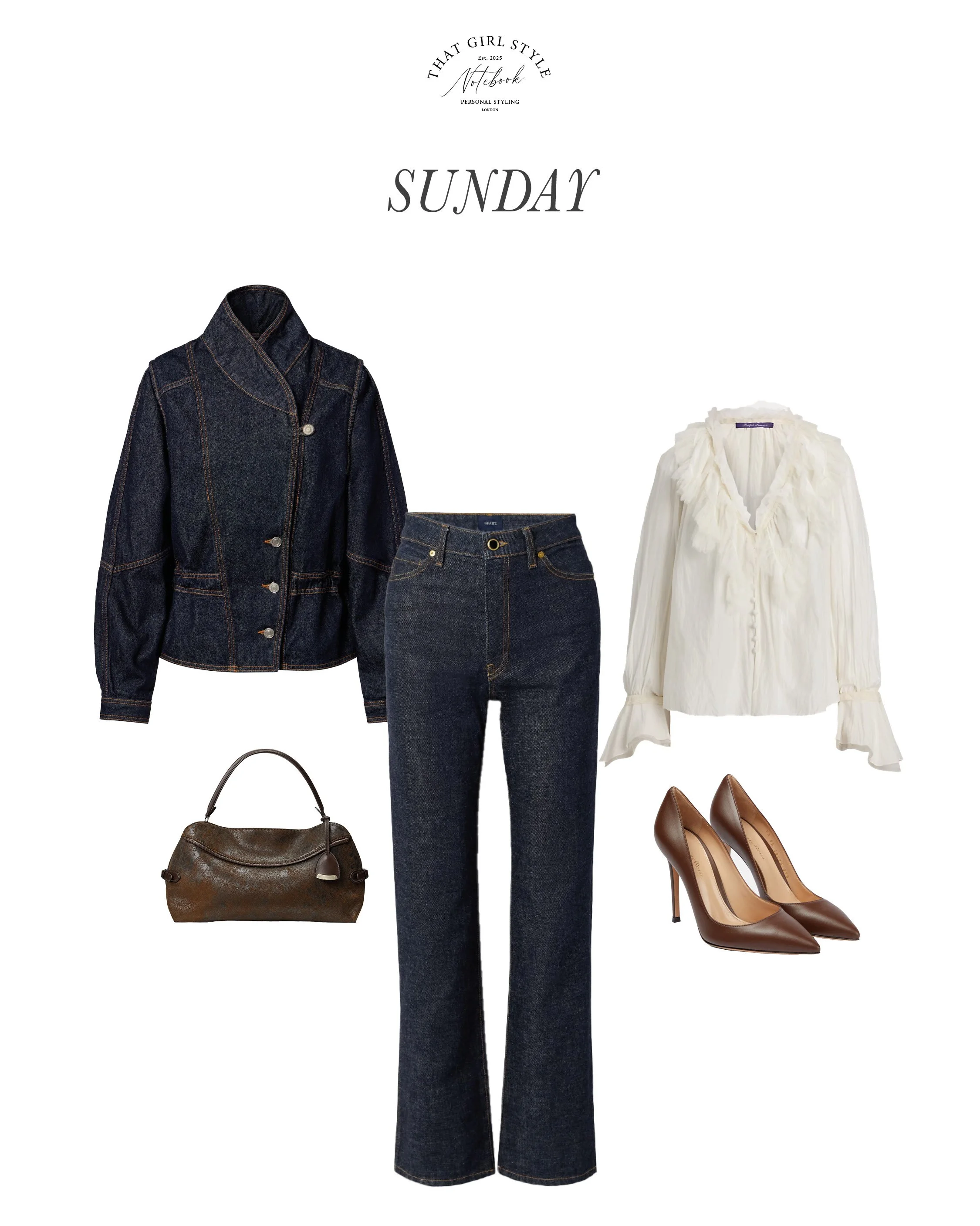 Coat Isabel Marant, Jeans Khaite, Blouse Ralph Lauren, Heels Gianvito Rossi, Bag Ralph Lauren