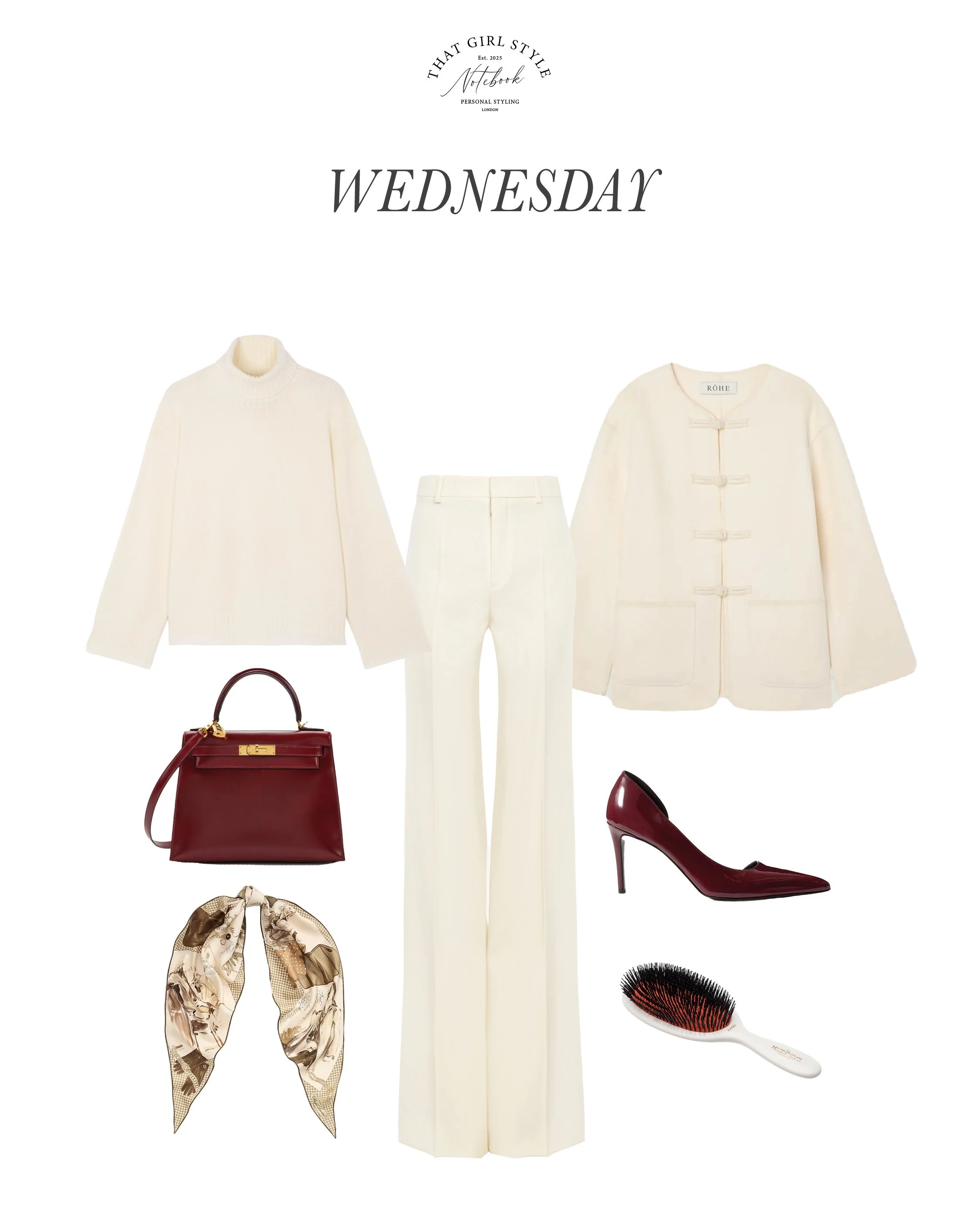 Jumper Eric Bompard, Trousers Chloé, Coat Rôhe, Bag Hermès, Heels Khaite, Scarf Ralph Lauren