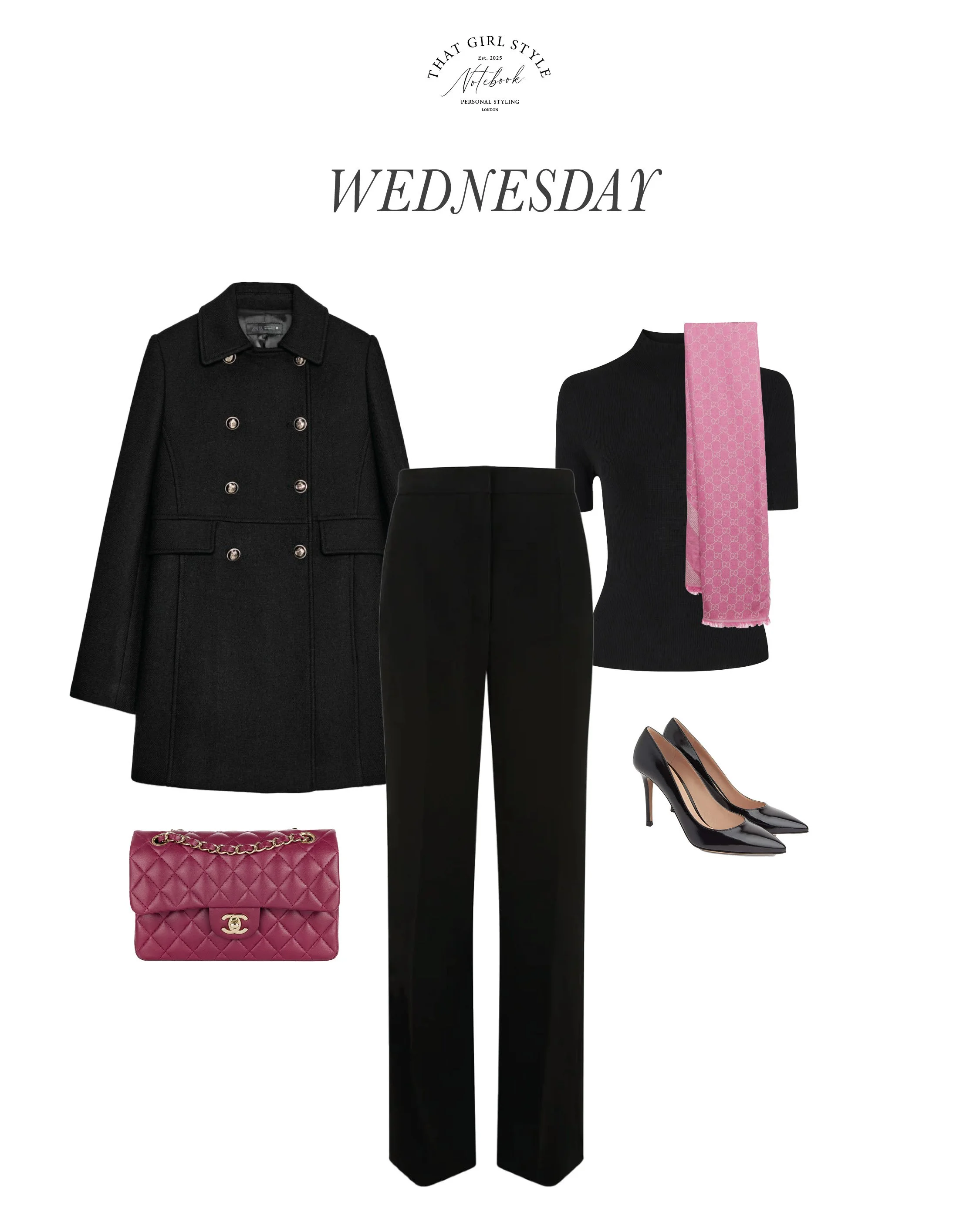 Coat Zara, Trousers Max Mara, Top Theory, Bag Chanel, Heels Gianvito Rossi, Scarf Gucci