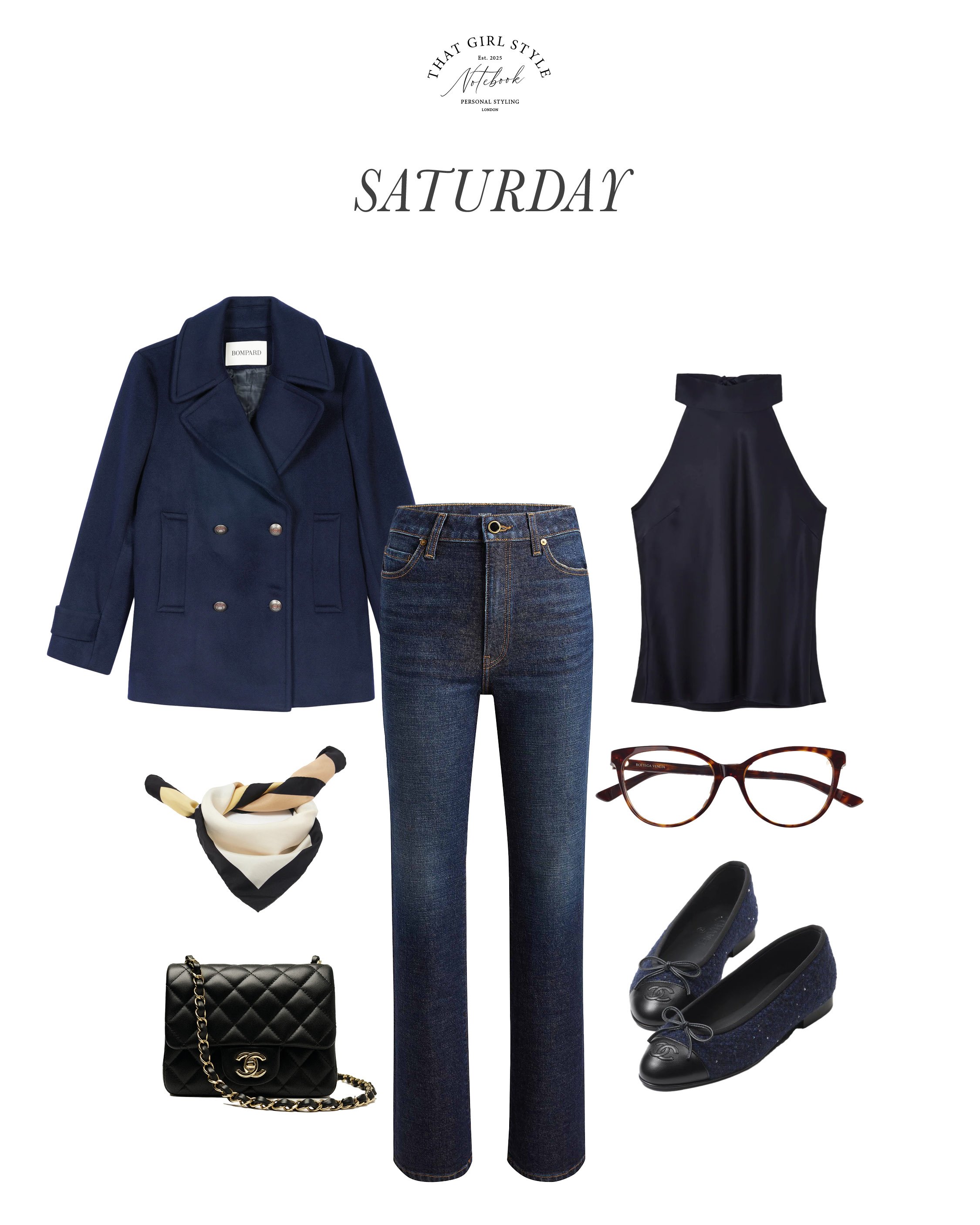 Coat Eric Bompard, Jeans Khaite, Top Knatchbull, Bag Chanel, Ballet Flats Chanel, Scarf Victoria Beckham