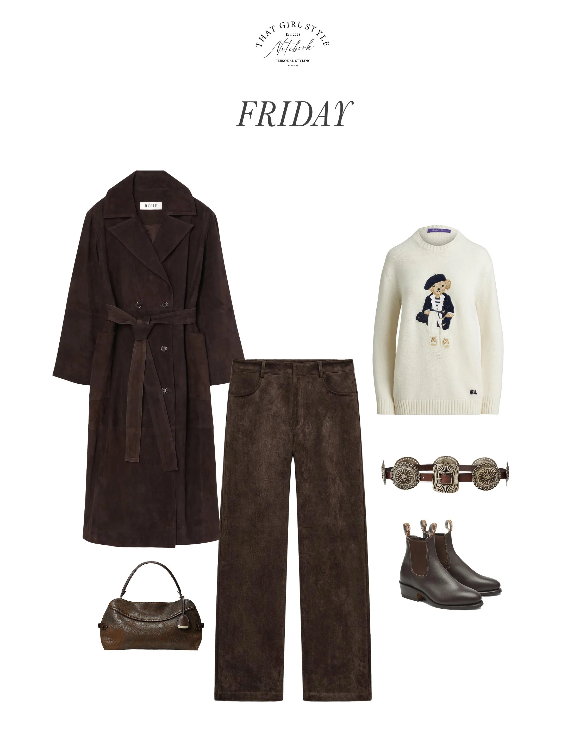 Coat Róhe, Trousers Zara, Jumper Ralph Lauren, Bag Ralph Lauren, Boots R.M. Williams, Belt Ralph Lauren