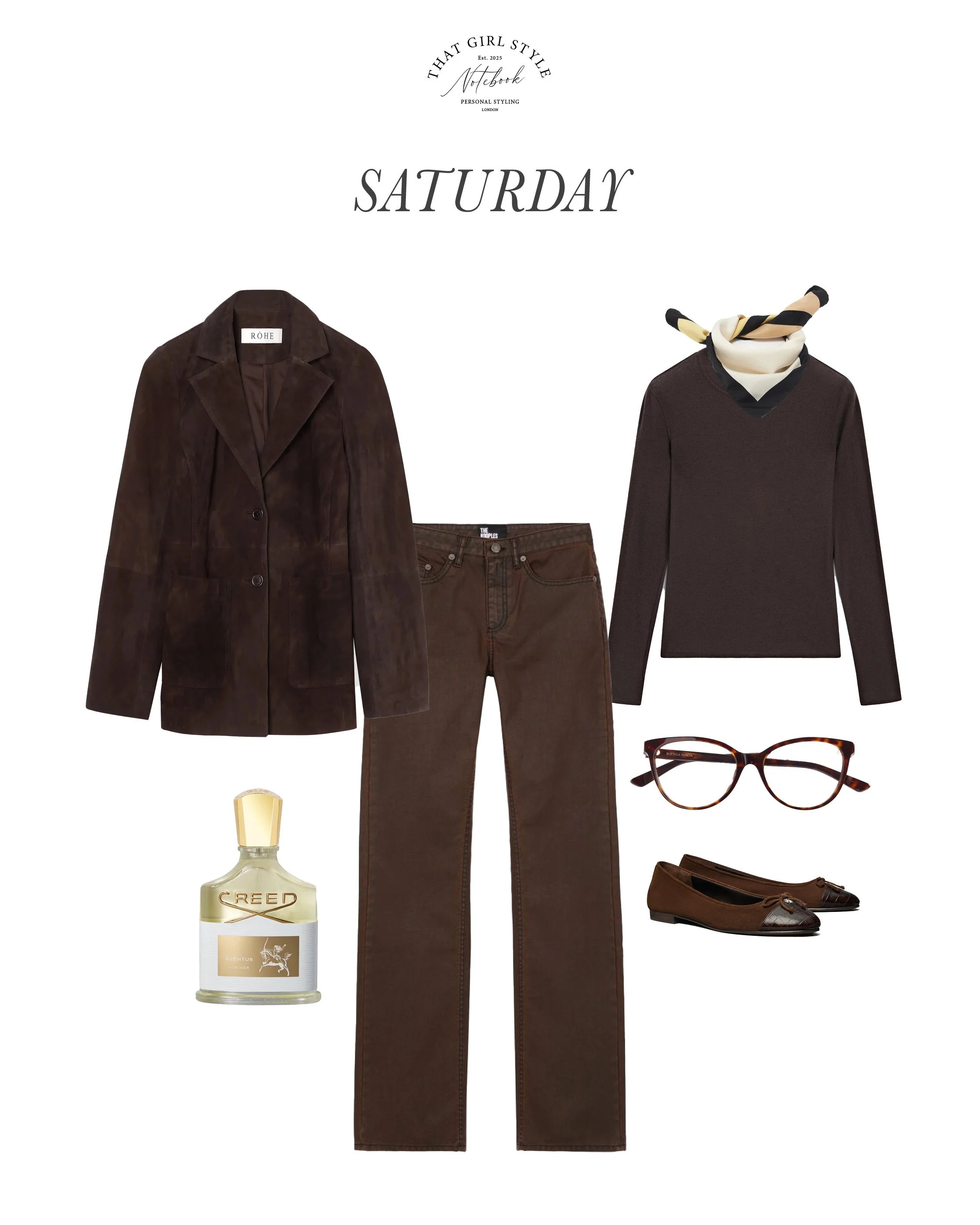 Jacket Rôhe, Trousers The Kooples, Top Massimo Dutti, Ballet Flats Tory Burch, Scarf Victoria Beckham