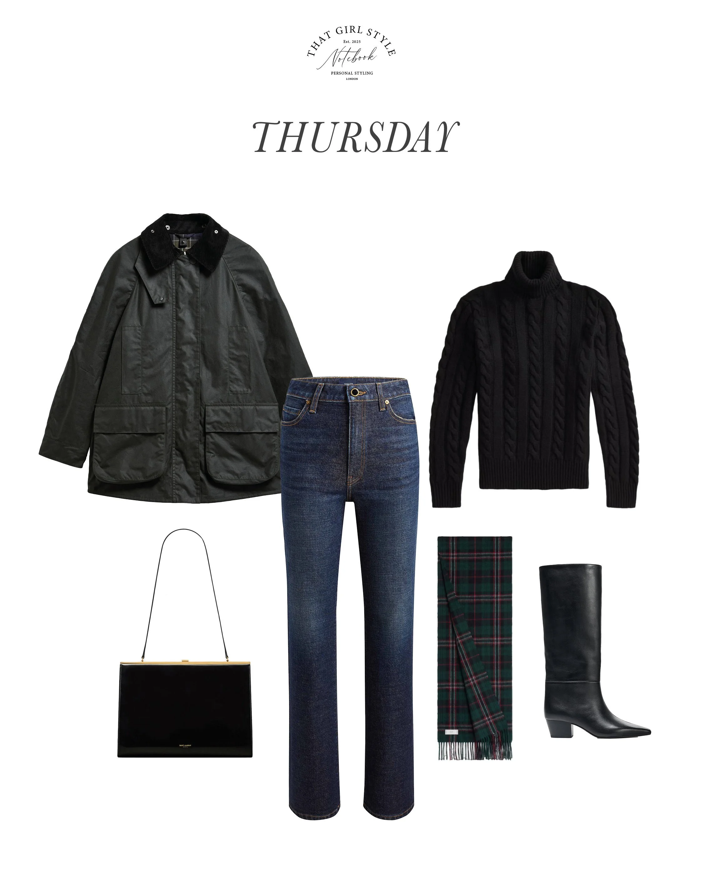 Coat Barbour, Jeans Khaite, Jumper Ralph Lauren, Bag Saint Laurent, Boots Zara, Scarf Celine