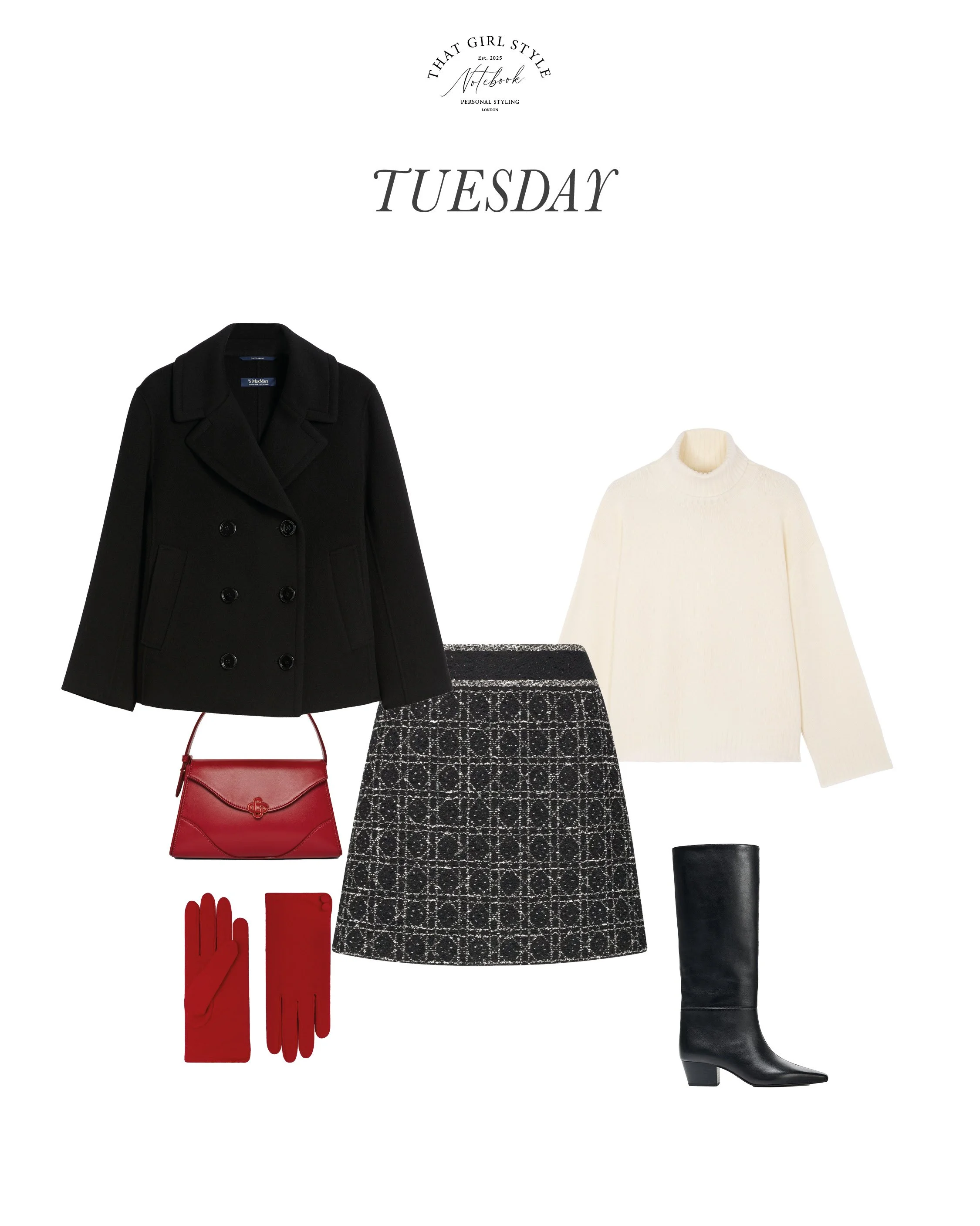 Coat Max Mara, Skirt Dior, Jumper Eric Bompard, Bag Casa Blanca, Boots Zara, Gloves Cornelia James